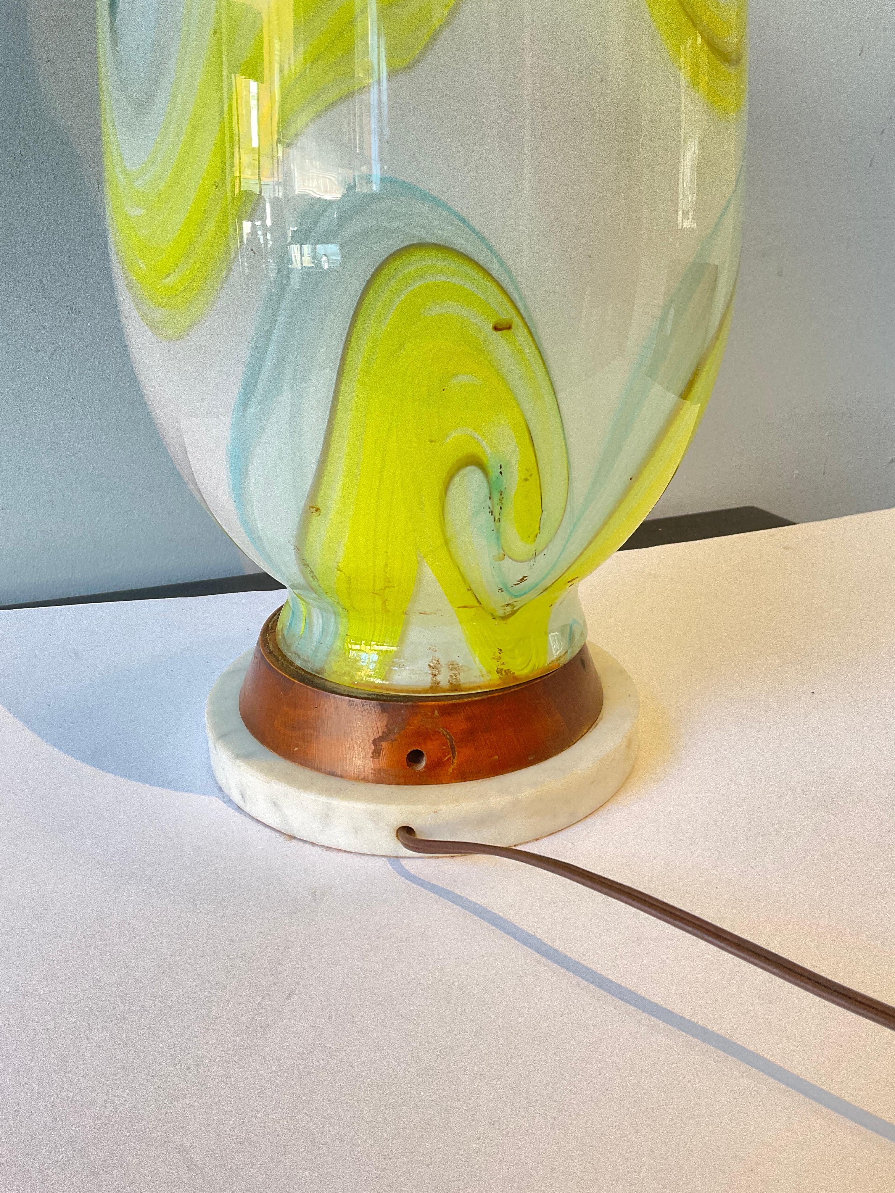 Pair Of Tall 1960s Yellow And White Art Glass Lamps With Teak Bases 4