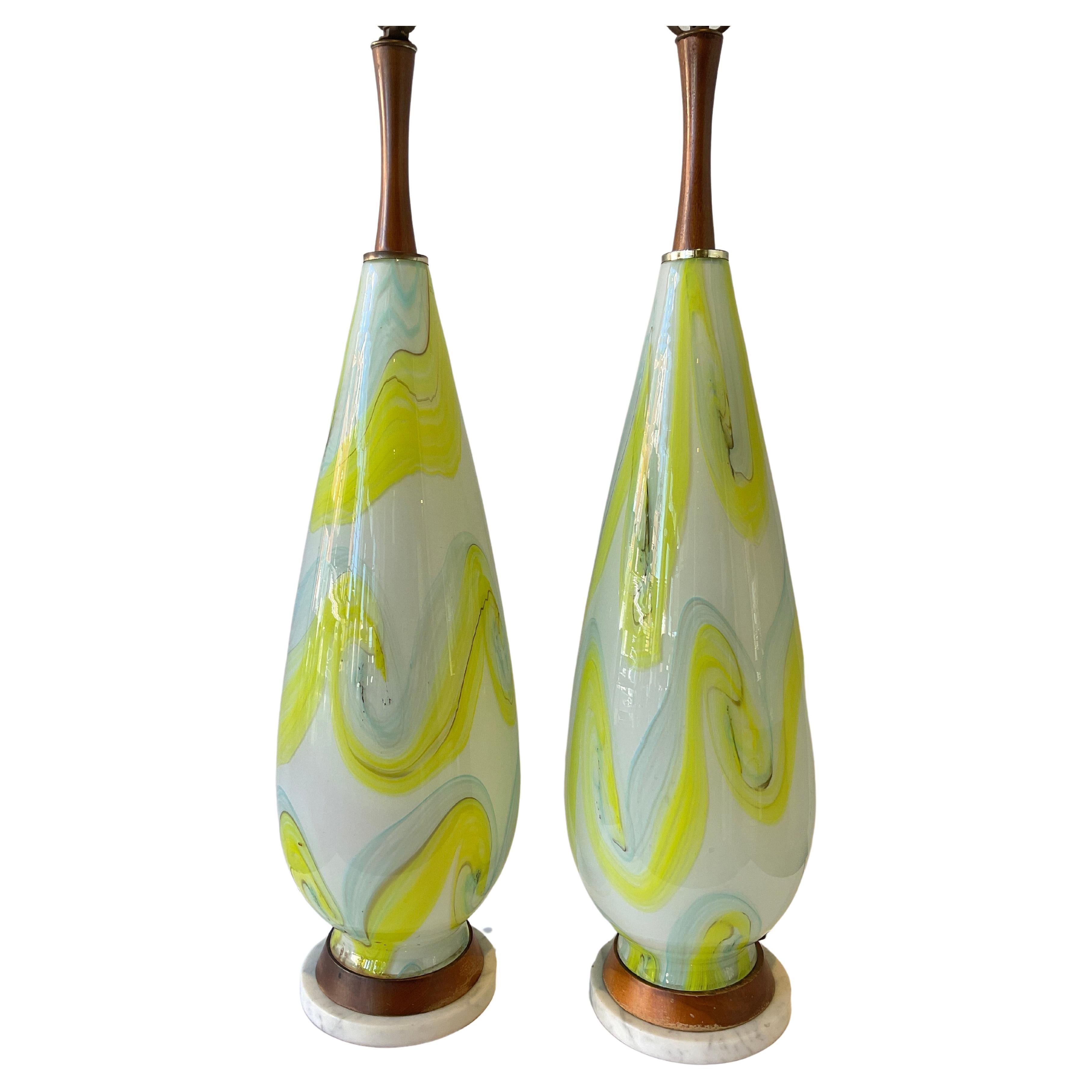 Pair Of Tall 1960s Yellow And White Art Glass Lamps With Teak Bases