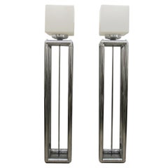 Pair of Tall 1970s Modernist Chrome Floor Lamps, Frosted Glass Cube Shades