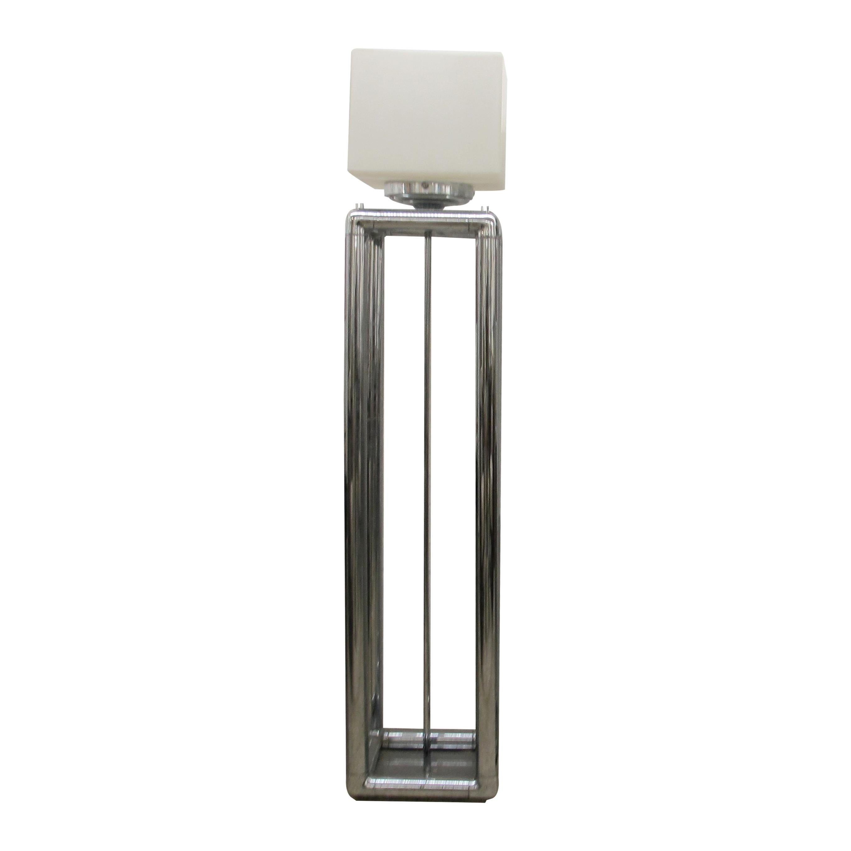 English Pair of Tall 1970s Modernist Chrome Floor Lamps, Frosted Glass Cube Shades For Sale