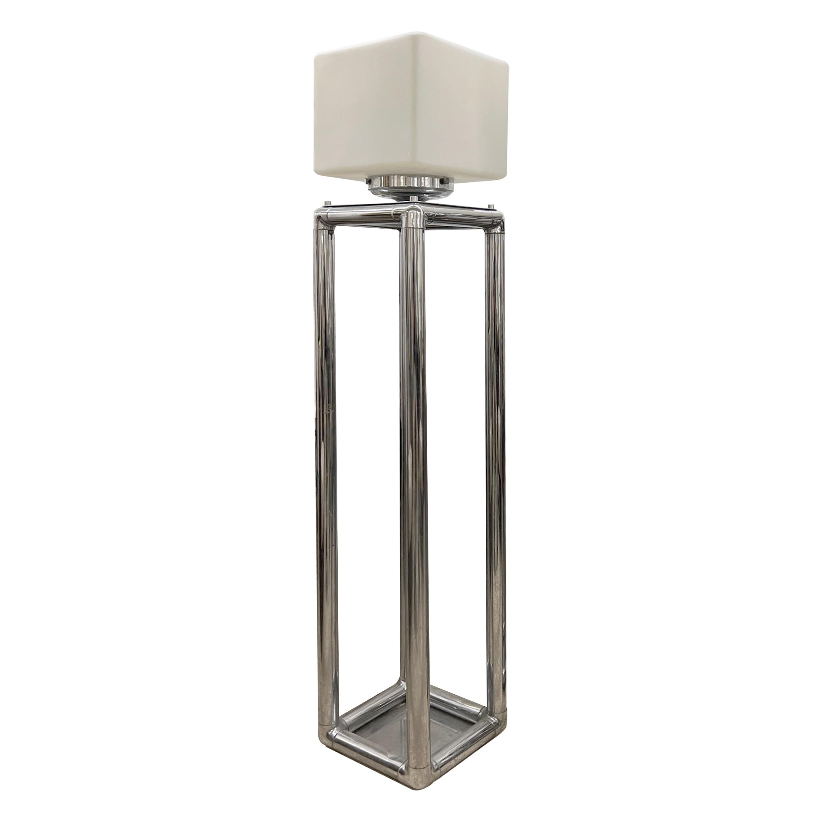 Other Pair of Tall 1970s Modernist Chrome Floor Lamps, Frosted Glass Cube Shades For Sale
