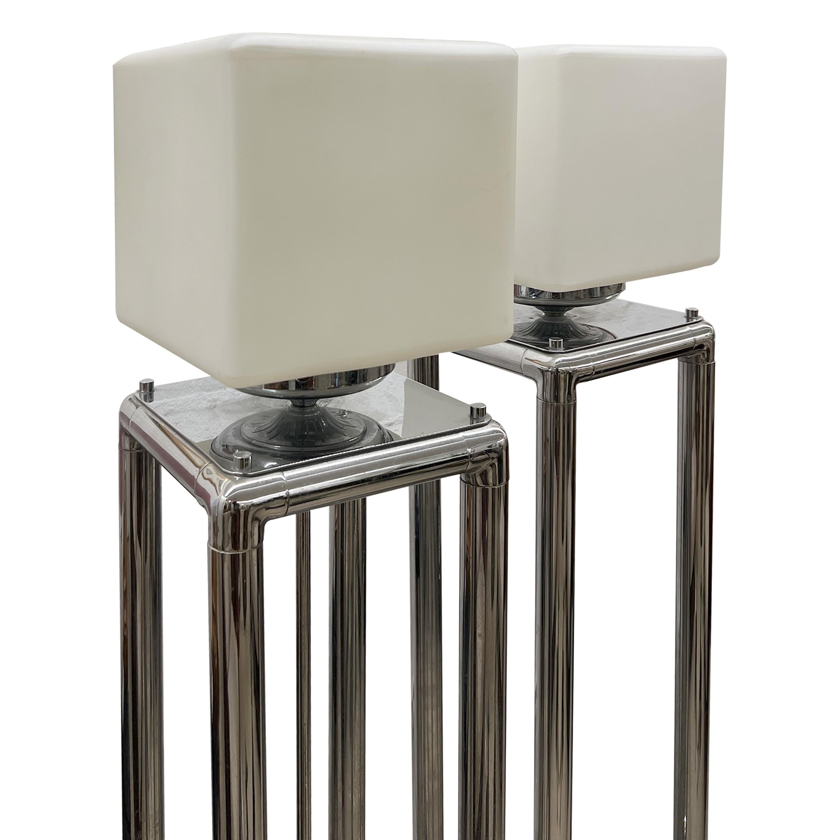 Pair of Tall 1970s Modernist Chrome Floor Lamps, Frosted Glass Cube Shades In Good Condition For Sale In London, GB
