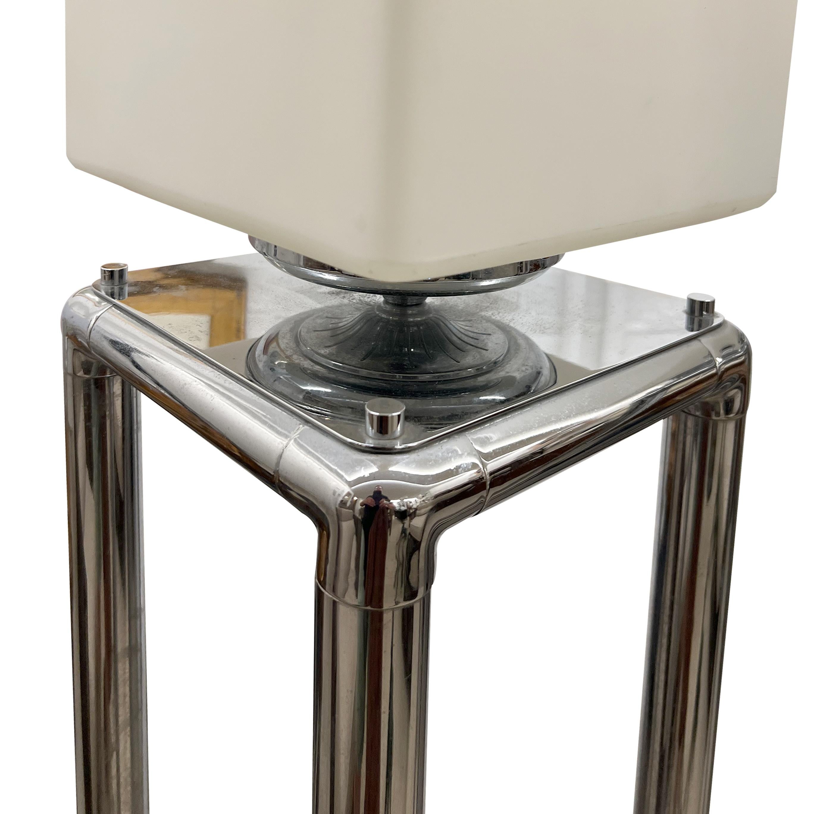 Late 20th Century Pair of Tall 1970s Modernist Chrome Floor Lamps, Frosted Glass Cube Shades For Sale
