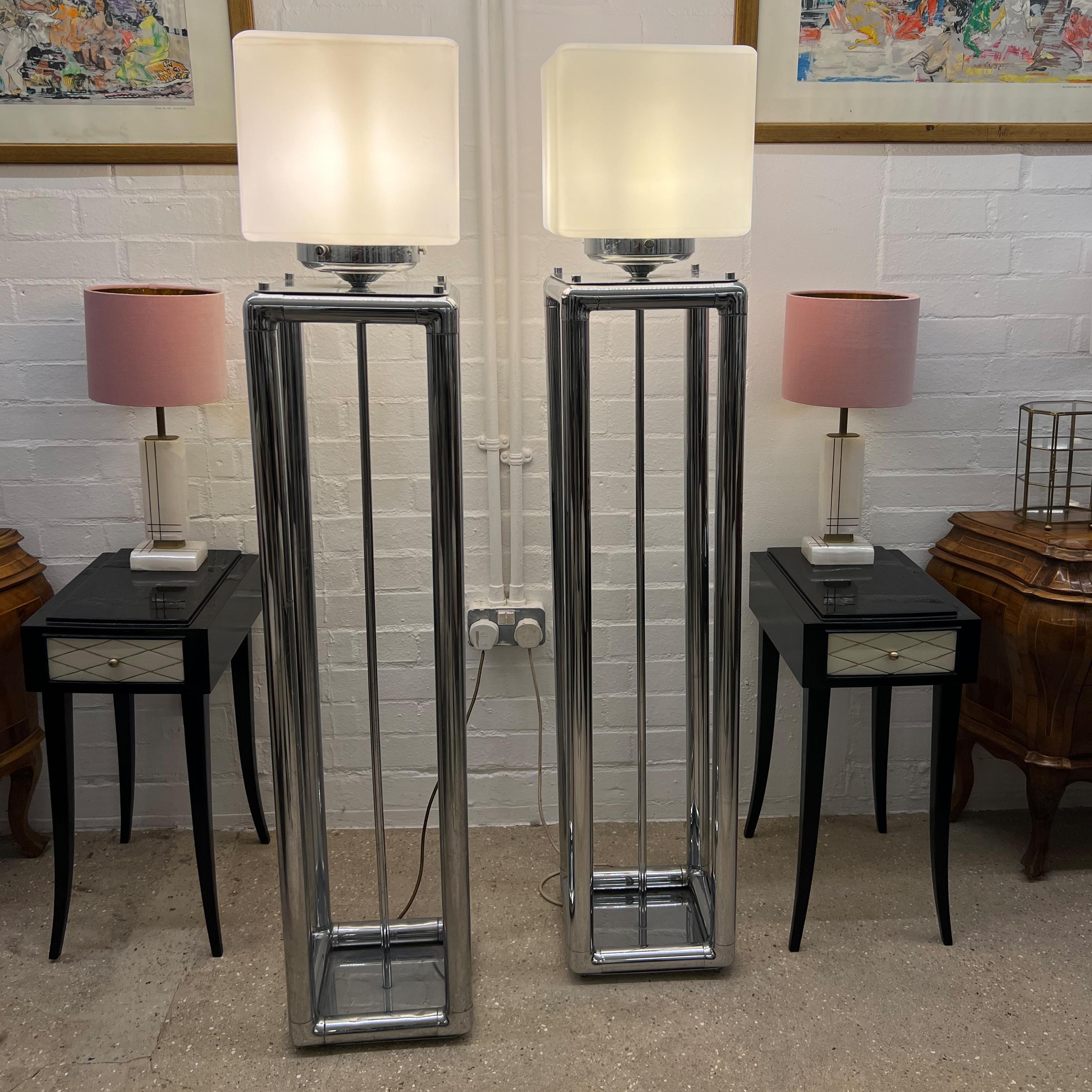 Pair of Tall 1970s Modernist Chrome Floor Lamps, Frosted Glass Cube Shades For Sale 2