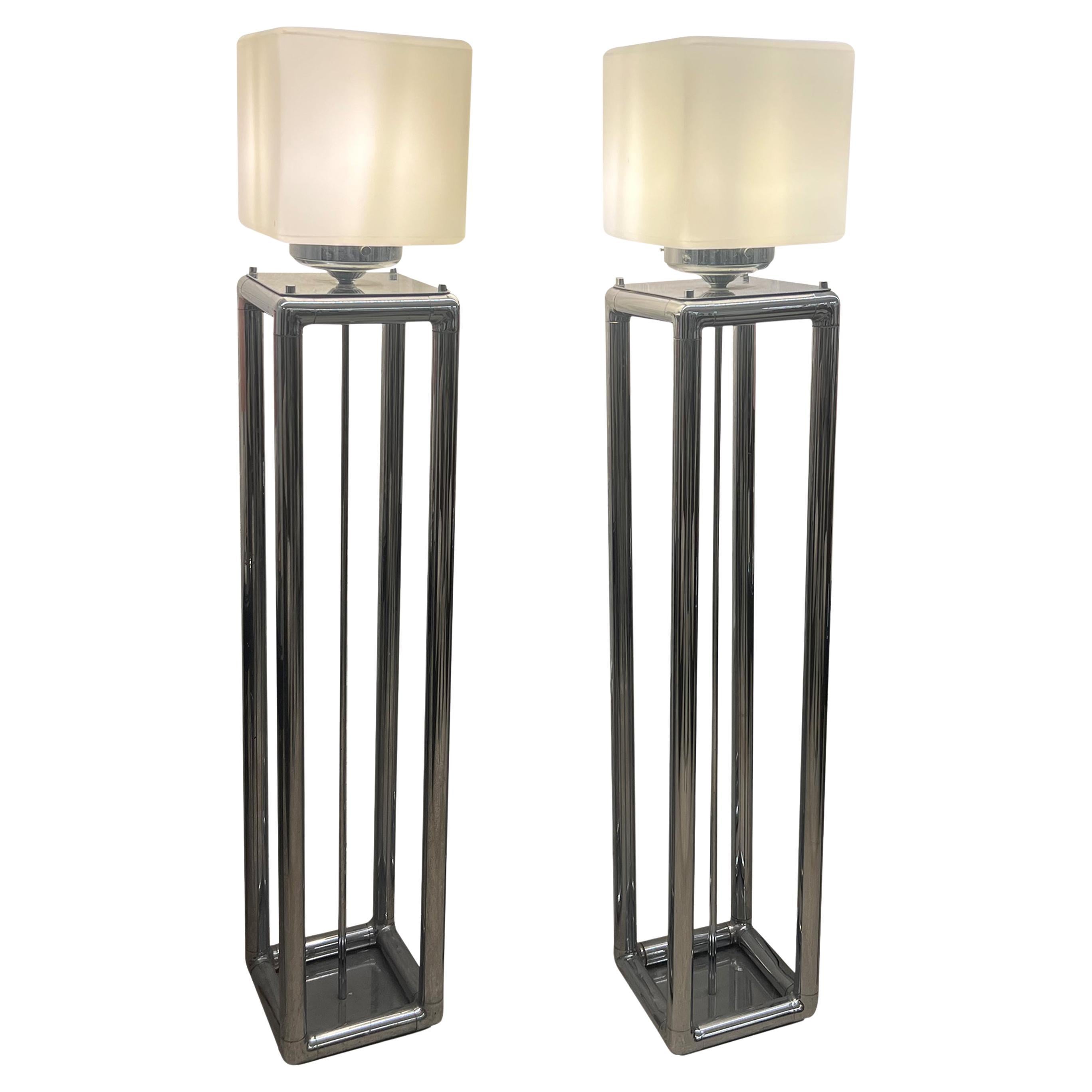 Pair of Tall 1970s Modernist Chrome Floor Lamps, Frosted Glass Cube Shades For Sale