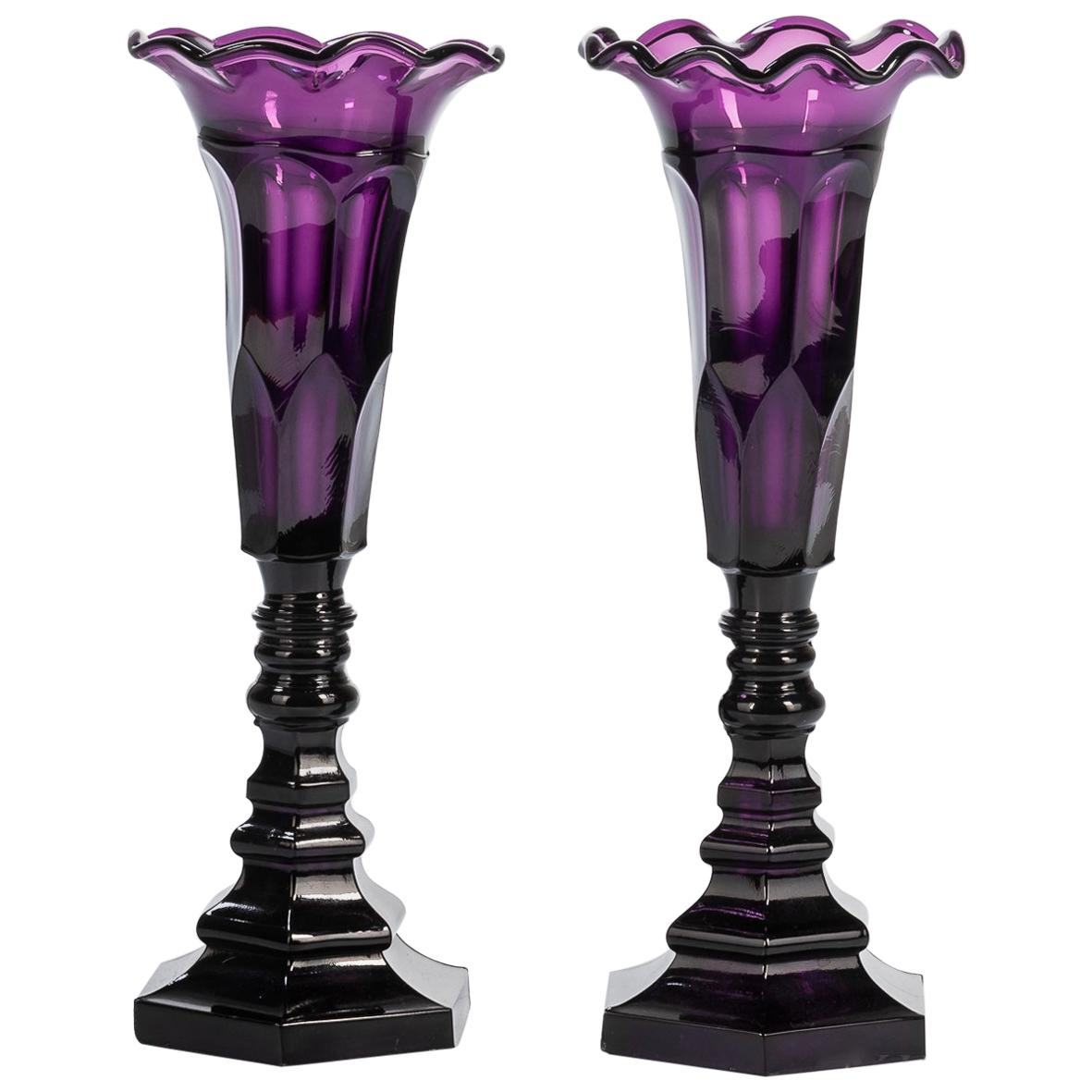 Pair of Tall 19th Century American Sandwich Amethyst Glass Vases