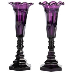 Antique Pair of Tall 19th Century American Sandwich Amethyst Glass Vases