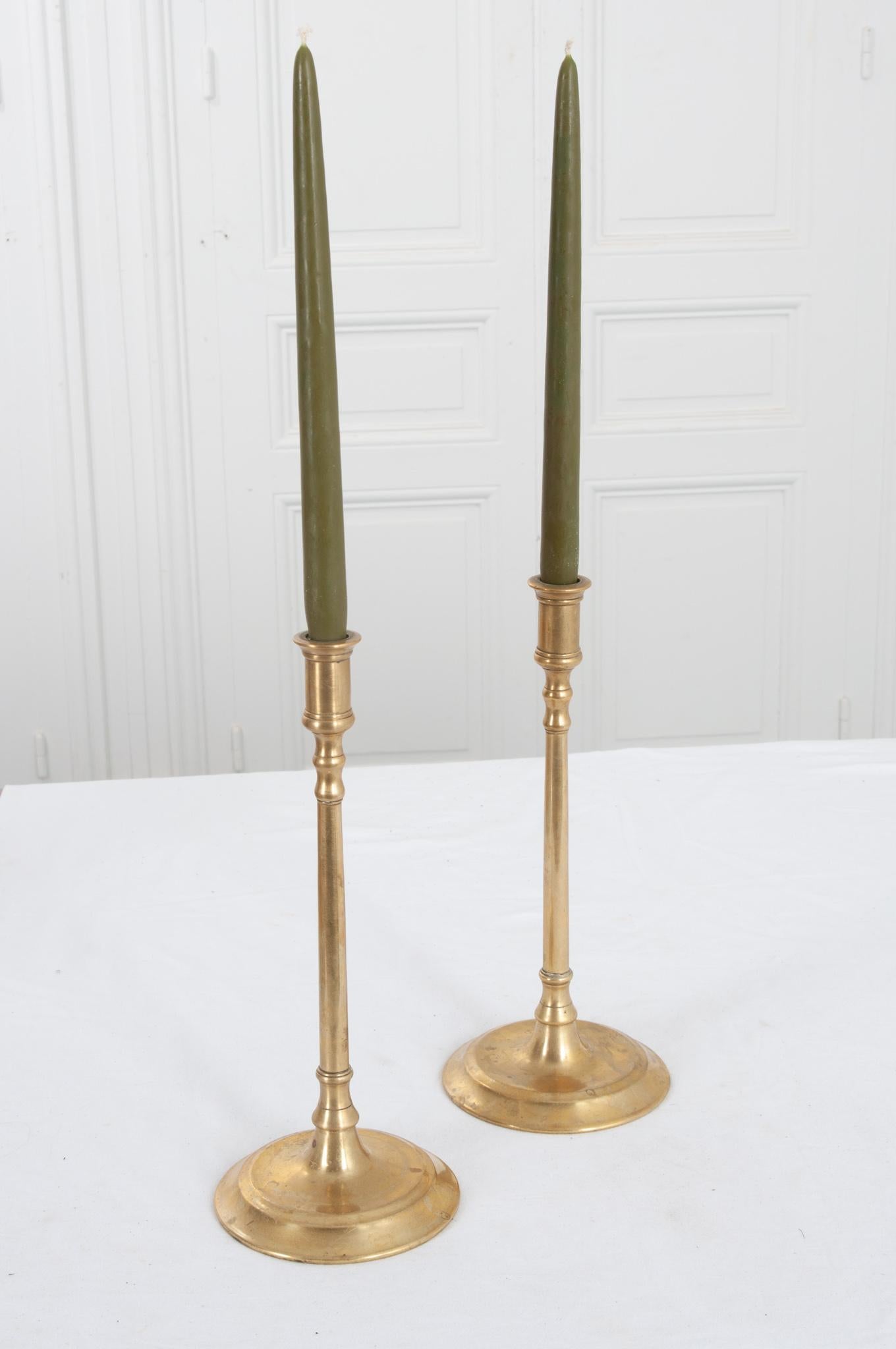 Neoclassical Pair of Tall 19th Century Brass Candle Holders For Sale