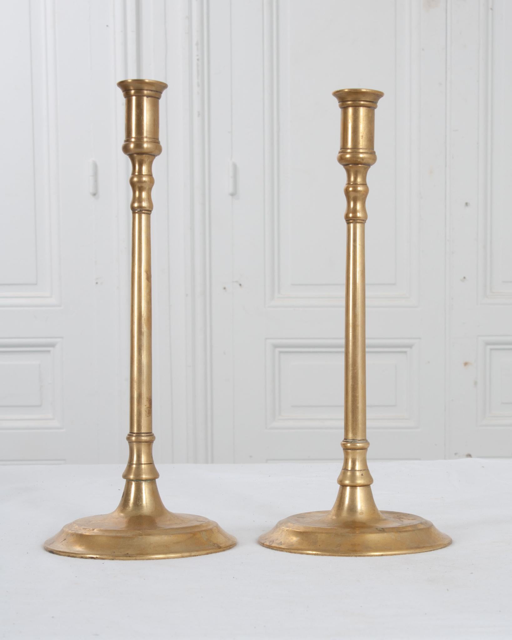 French Pair of Tall 19th Century Brass Candle Holders For Sale