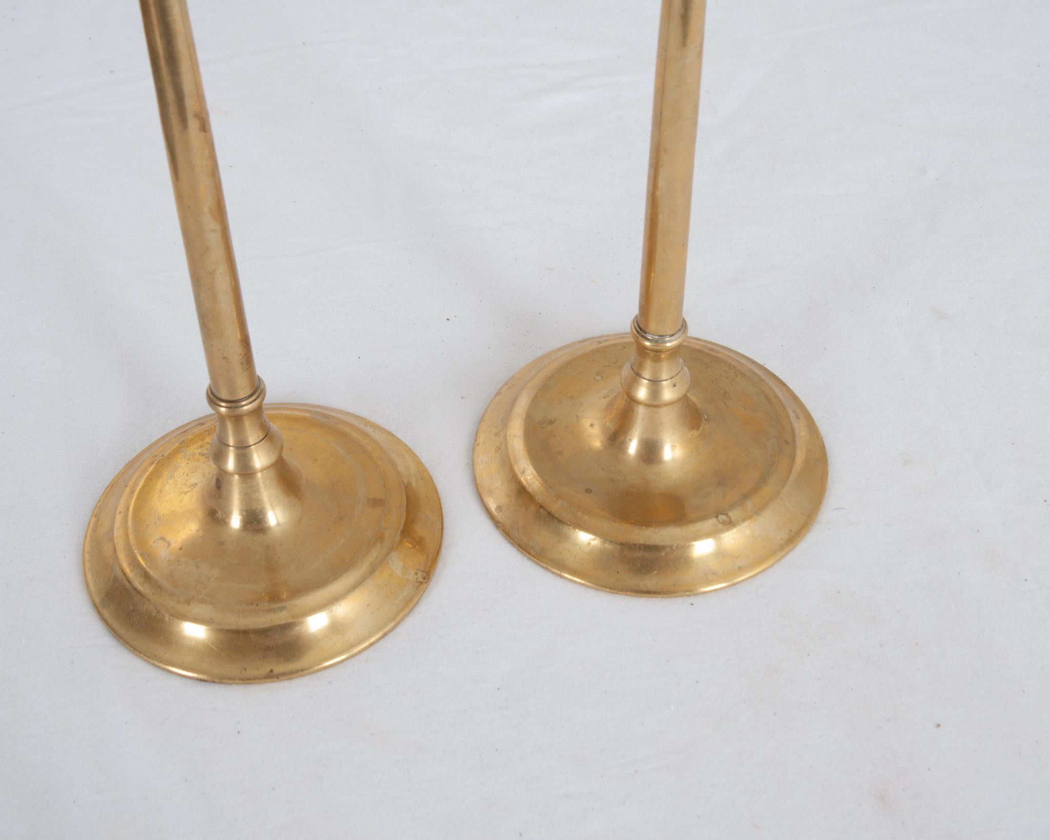 Cast Pair of Tall 19th Century Brass Candle Holders For Sale