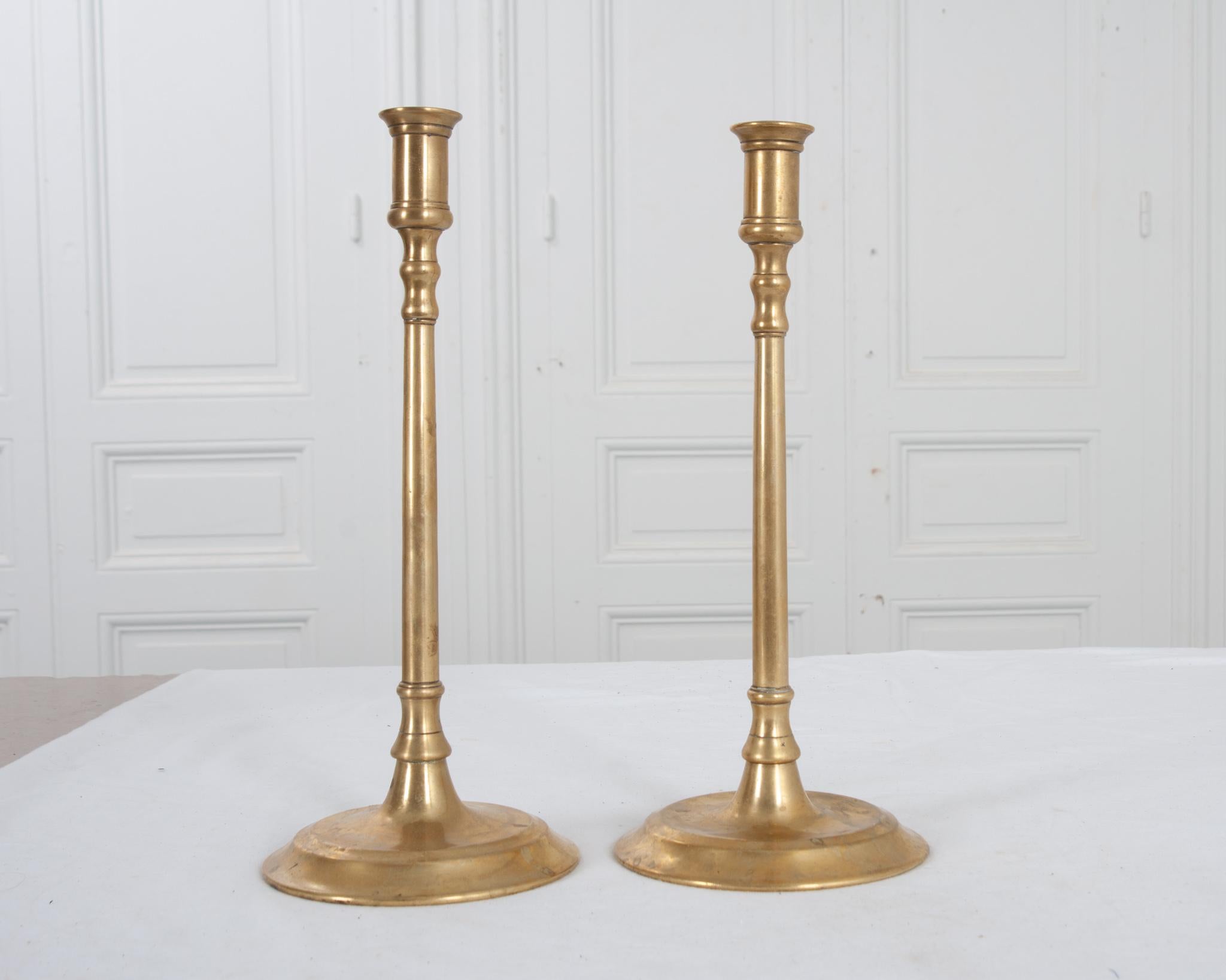 Pair of Tall 19th Century Brass Candle Holders In Good Condition For Sale In Baton Rouge, LA