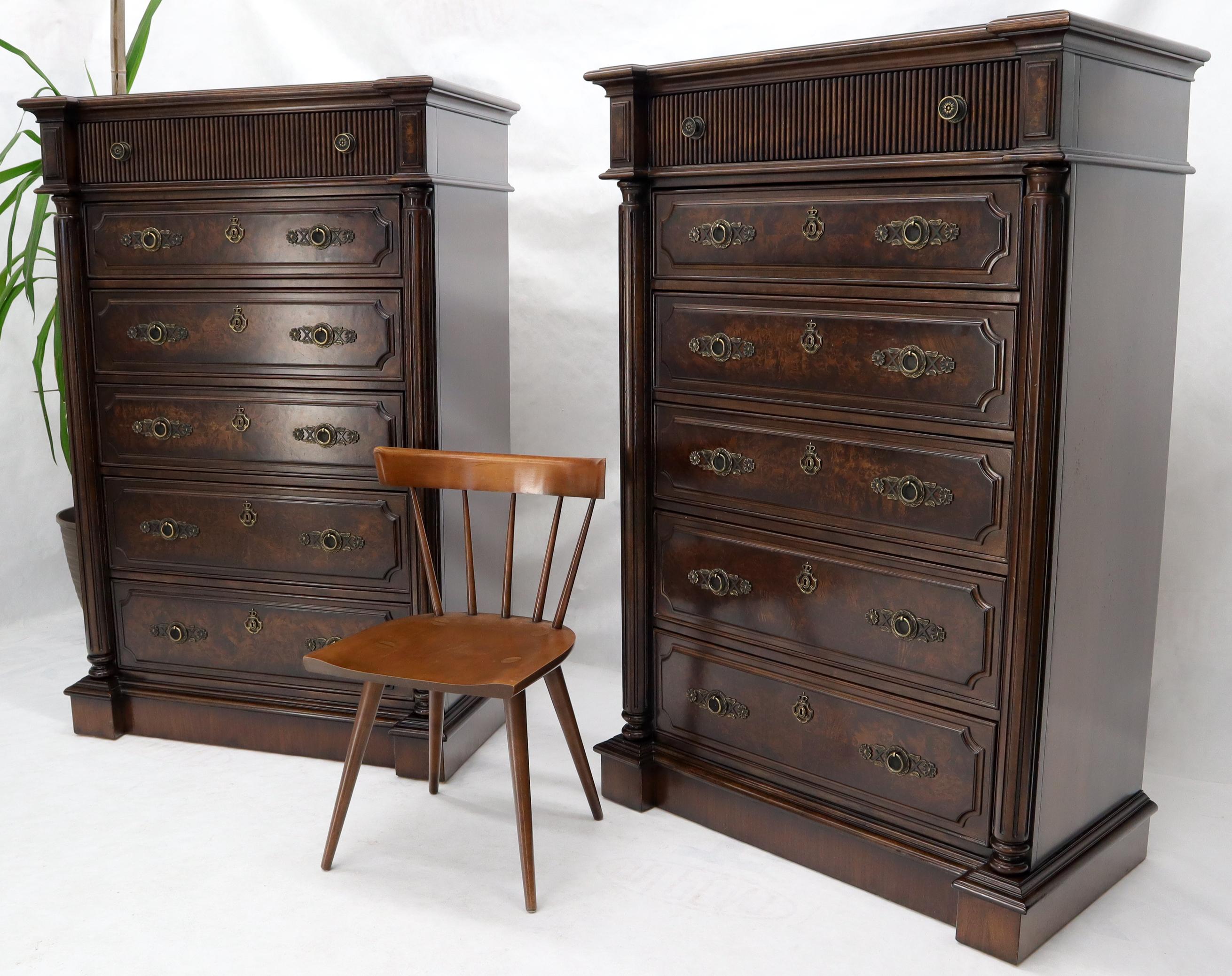 Pair of tall burl wood superior quality six drawers dresser in excellent condition.