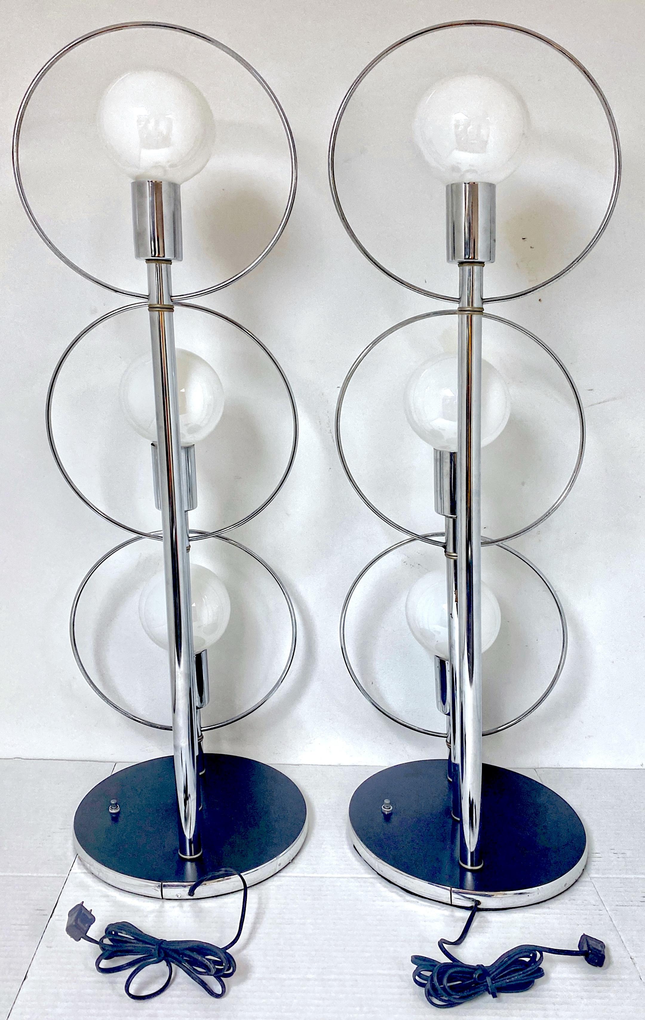 American Pair of Tall 70s' polished Chrome Mod Ring Lamps, Attributed to Robert Sonneman For Sale