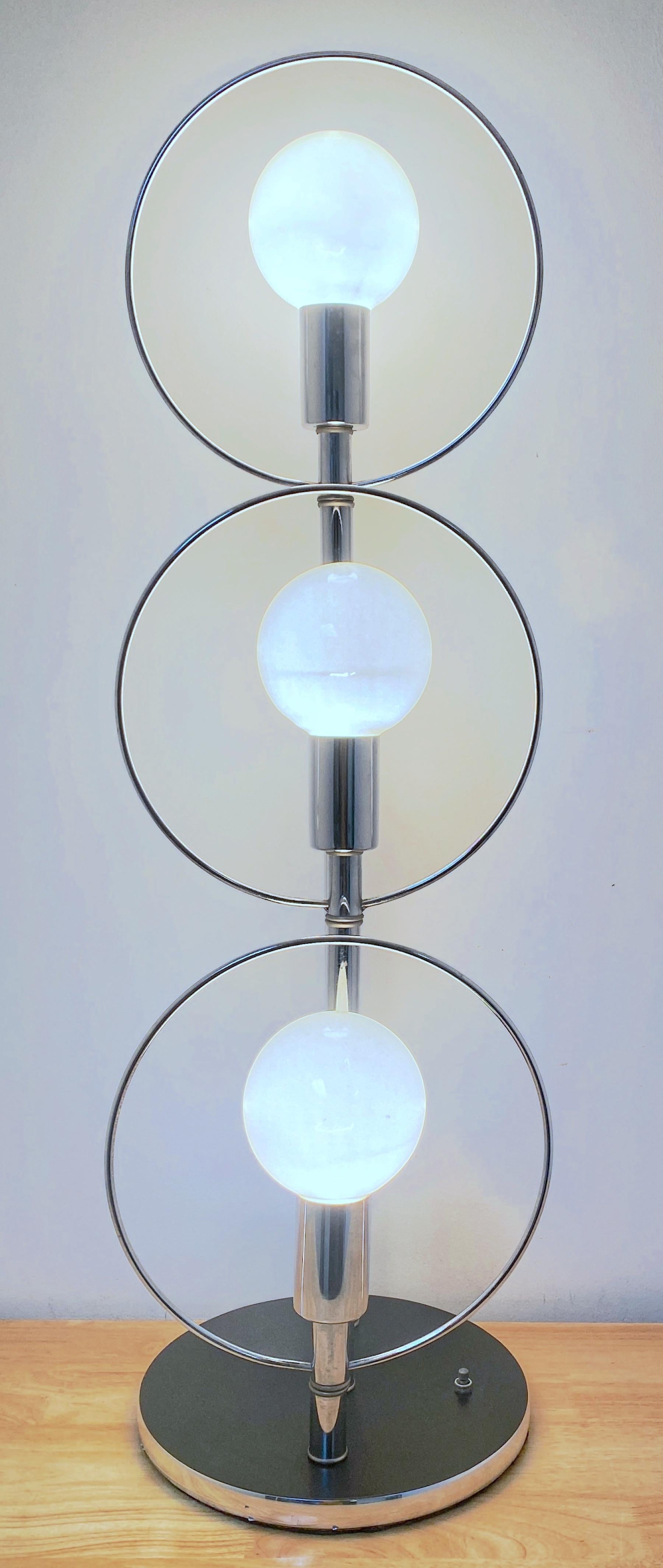 Pair of Tall 70s' polished Chrome Mod Ring Lamps, Attributed to Robert Sonneman In Good Condition For Sale In West Palm Beach, FL