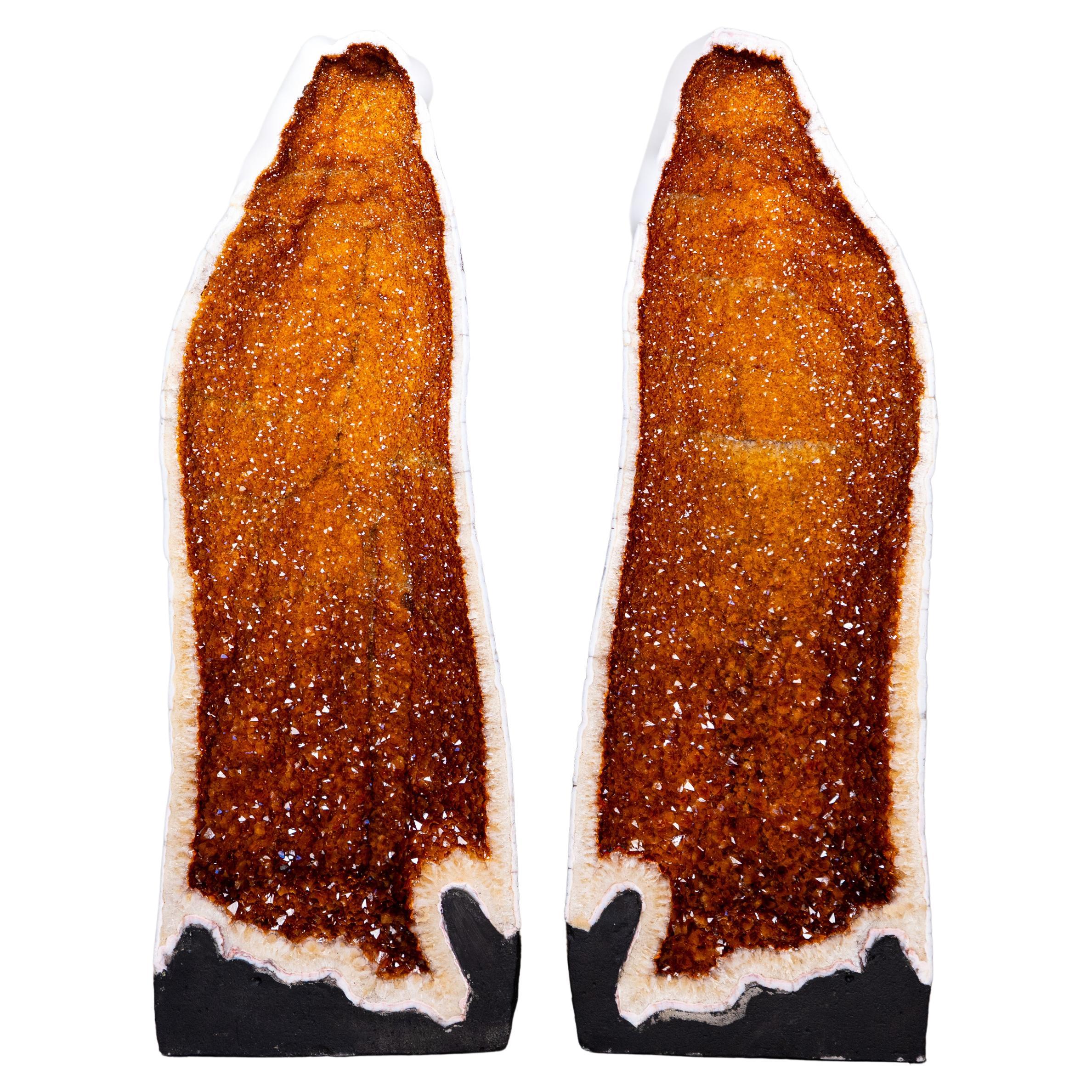 Pair of Tall AAA Citrine Cathedral Geodes with Golden-Orange Sparkly Druzy