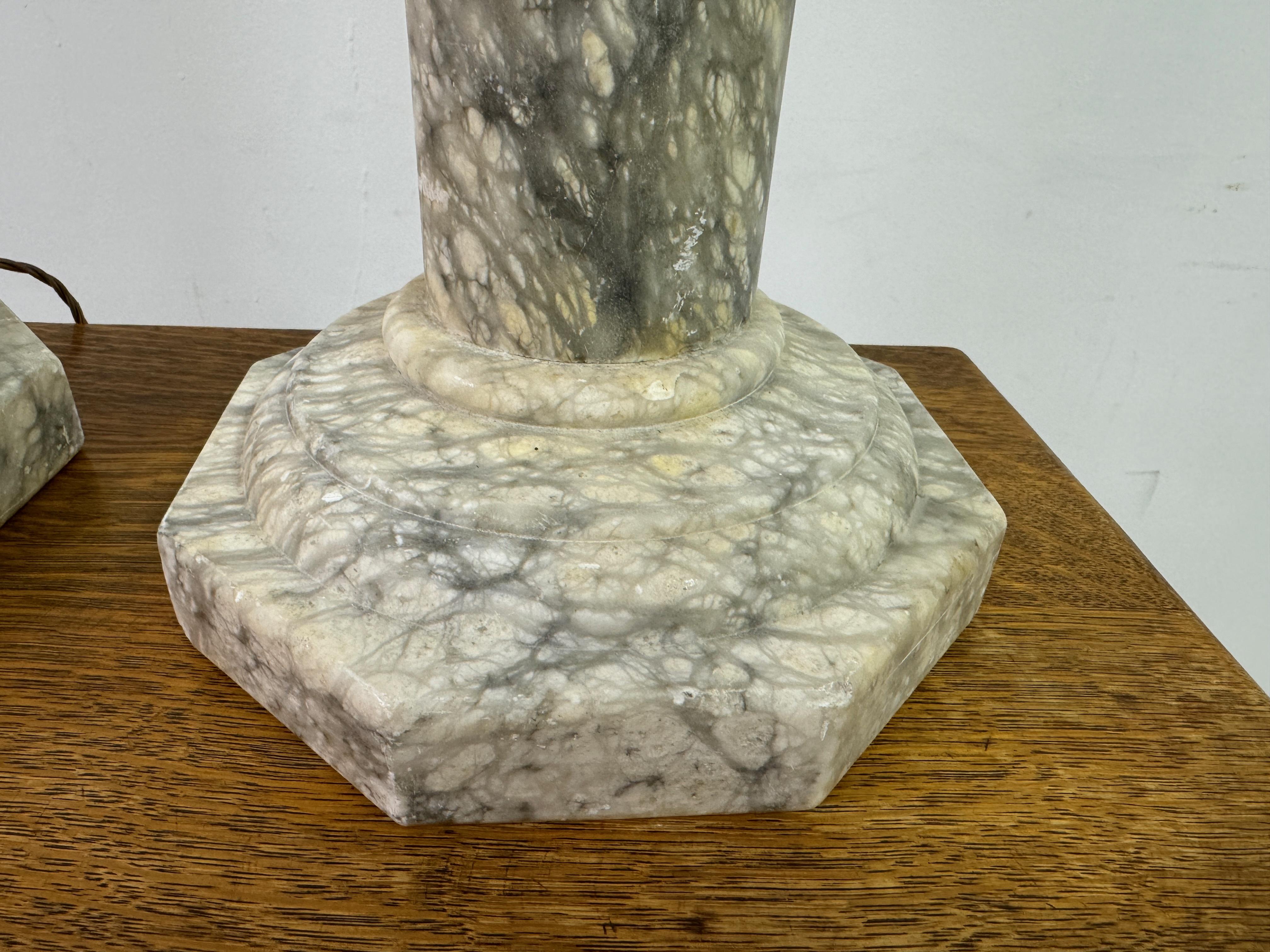 Neoclassical Pair of Tall Alabaster Column Table Lamps