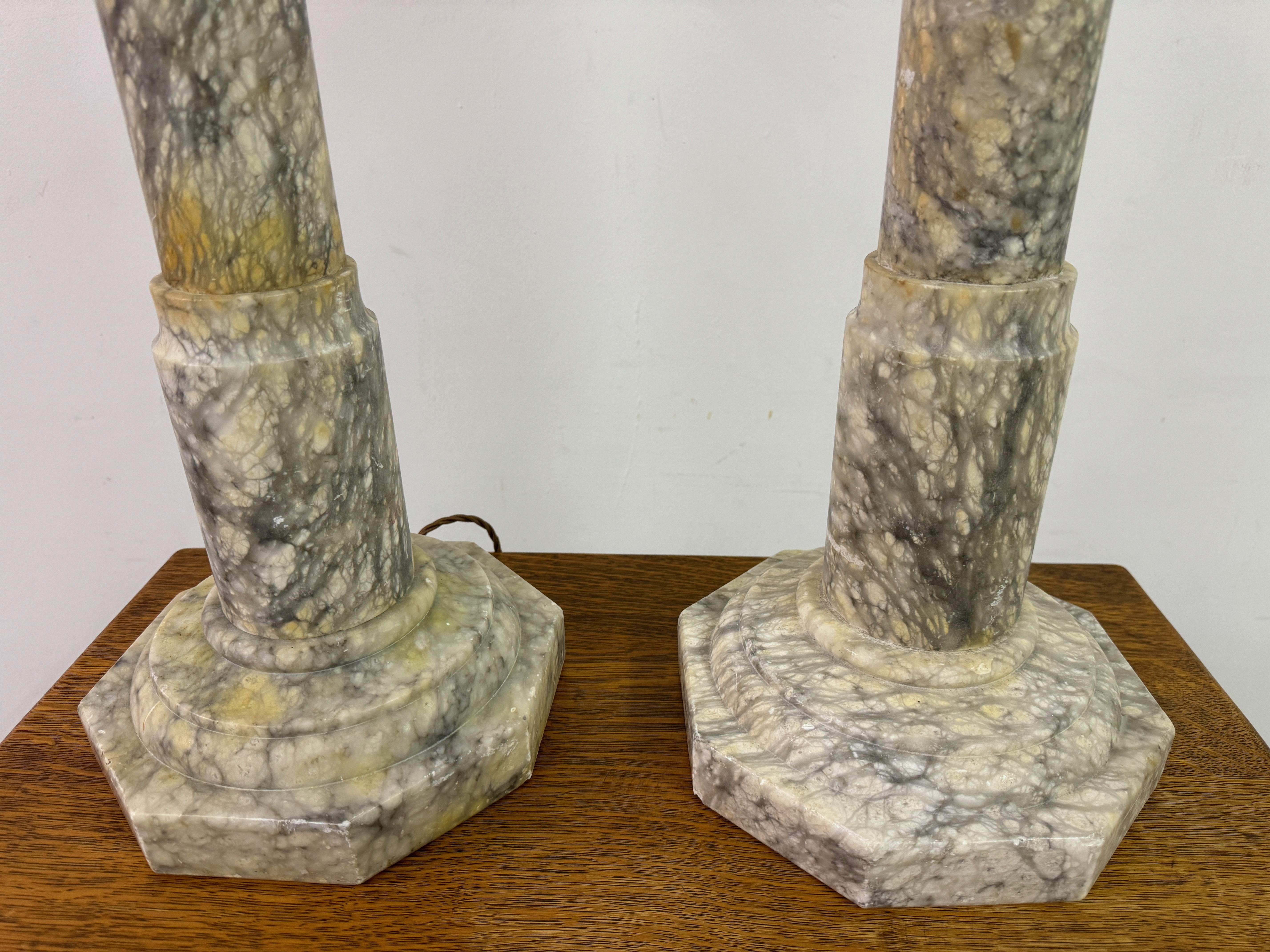 Pair of Tall Alabaster Column Table Lamps In Good Condition In London, London