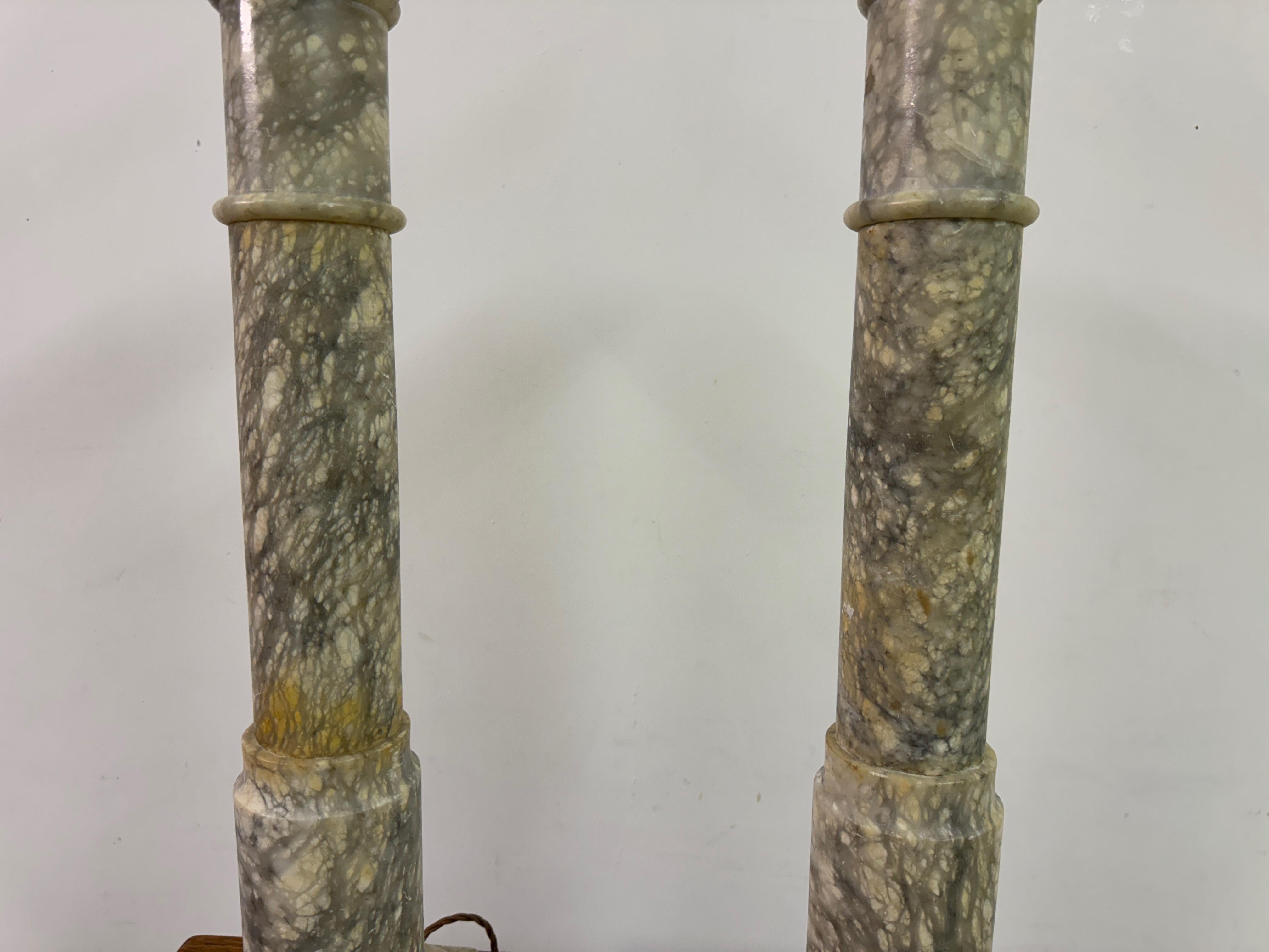 20th Century Pair of Tall Alabaster Column Table Lamps