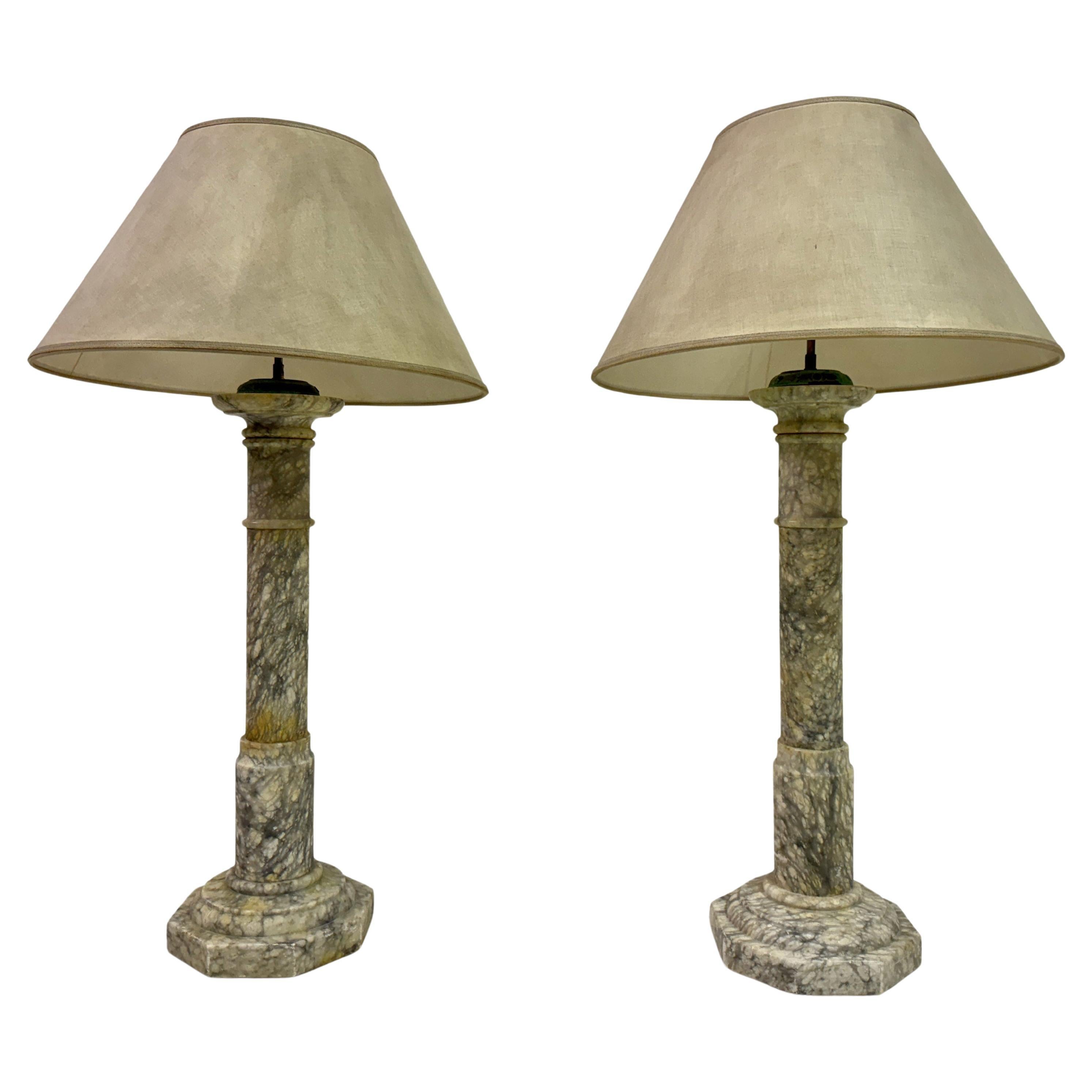 Pair of Tall Alabaster Column Table Lamps