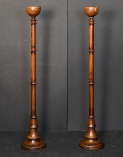 Pair of Tall Altar Candlestick Holders of Turned Oak - Arts and Crafts Era