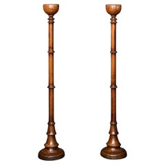 Pair of Tall Altar Candlestick Holders of Turned Oak - Arts and Crafts Era