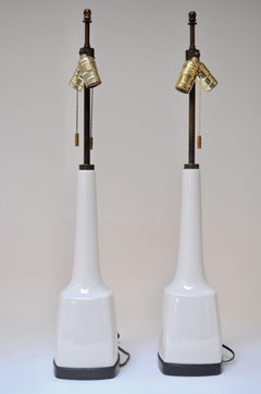 Pair of Tall American Modernist White Porcelain and Brass Tables Lamps