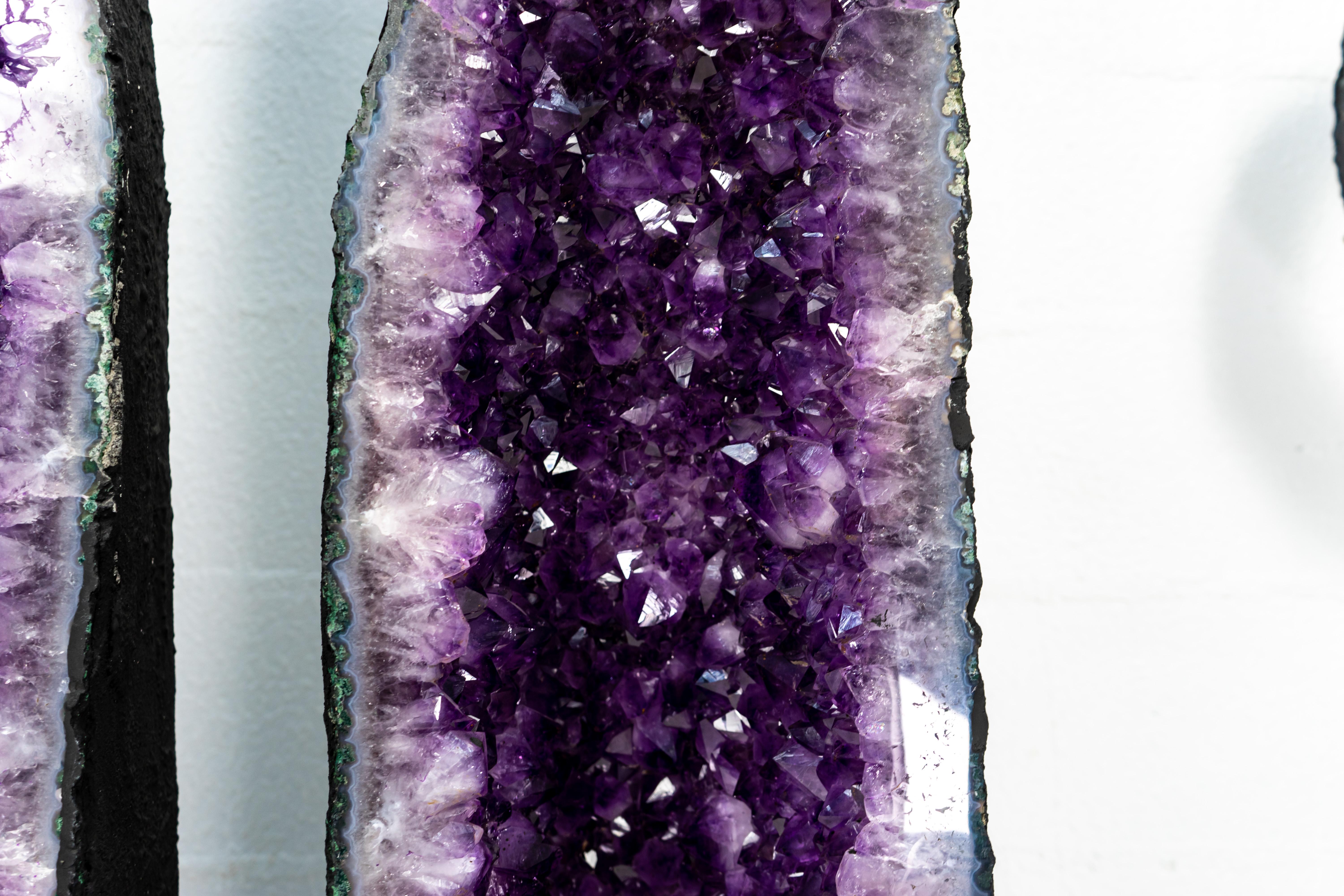 Pair of Tall Amethyst Cathedral Geodes with Deep Purple AAA Amethyst Druzy For Sale 3