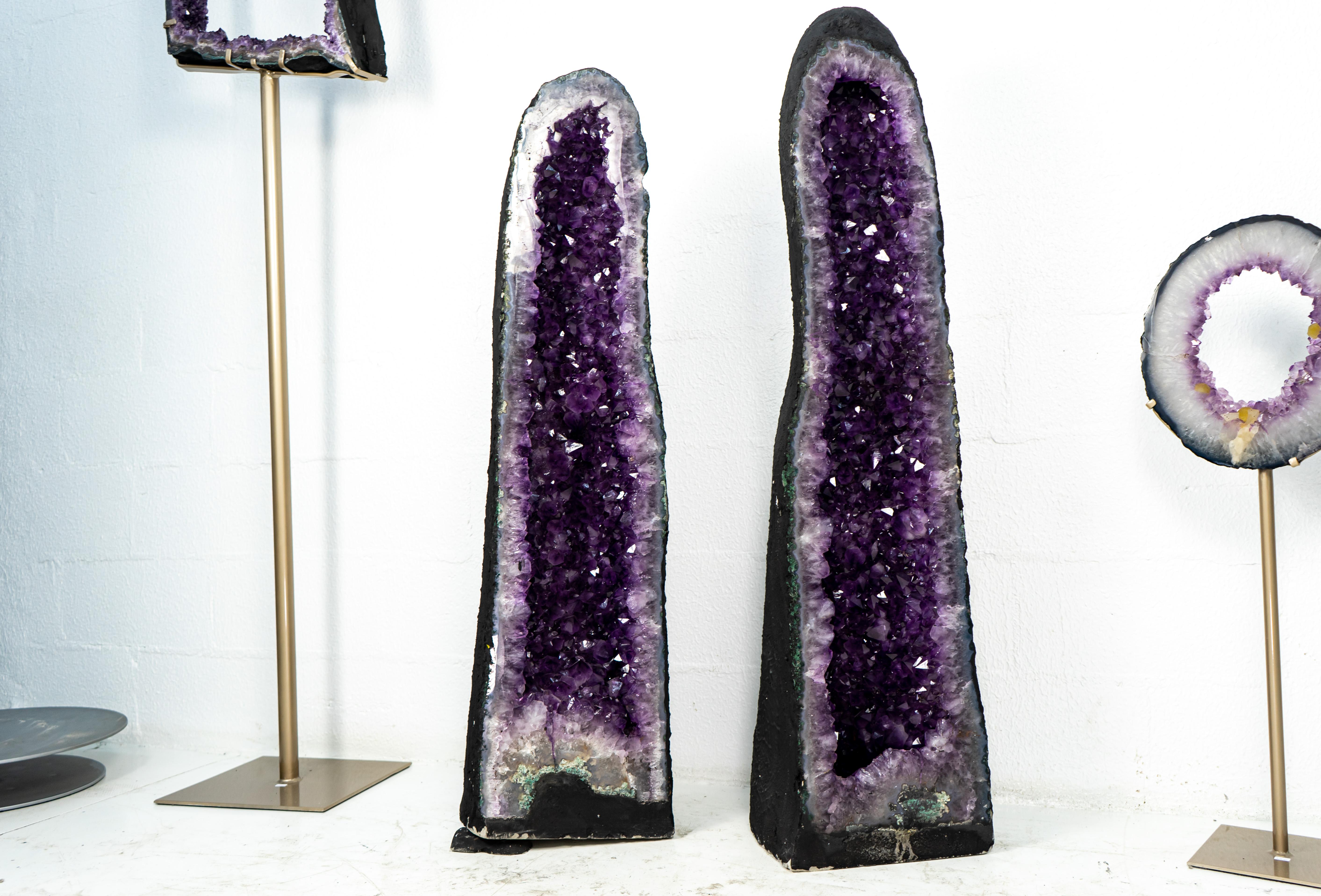 Brazilian Pair of Tall Amethyst Cathedral Geodes with Deep Purple AAA Amethyst Druzy For Sale