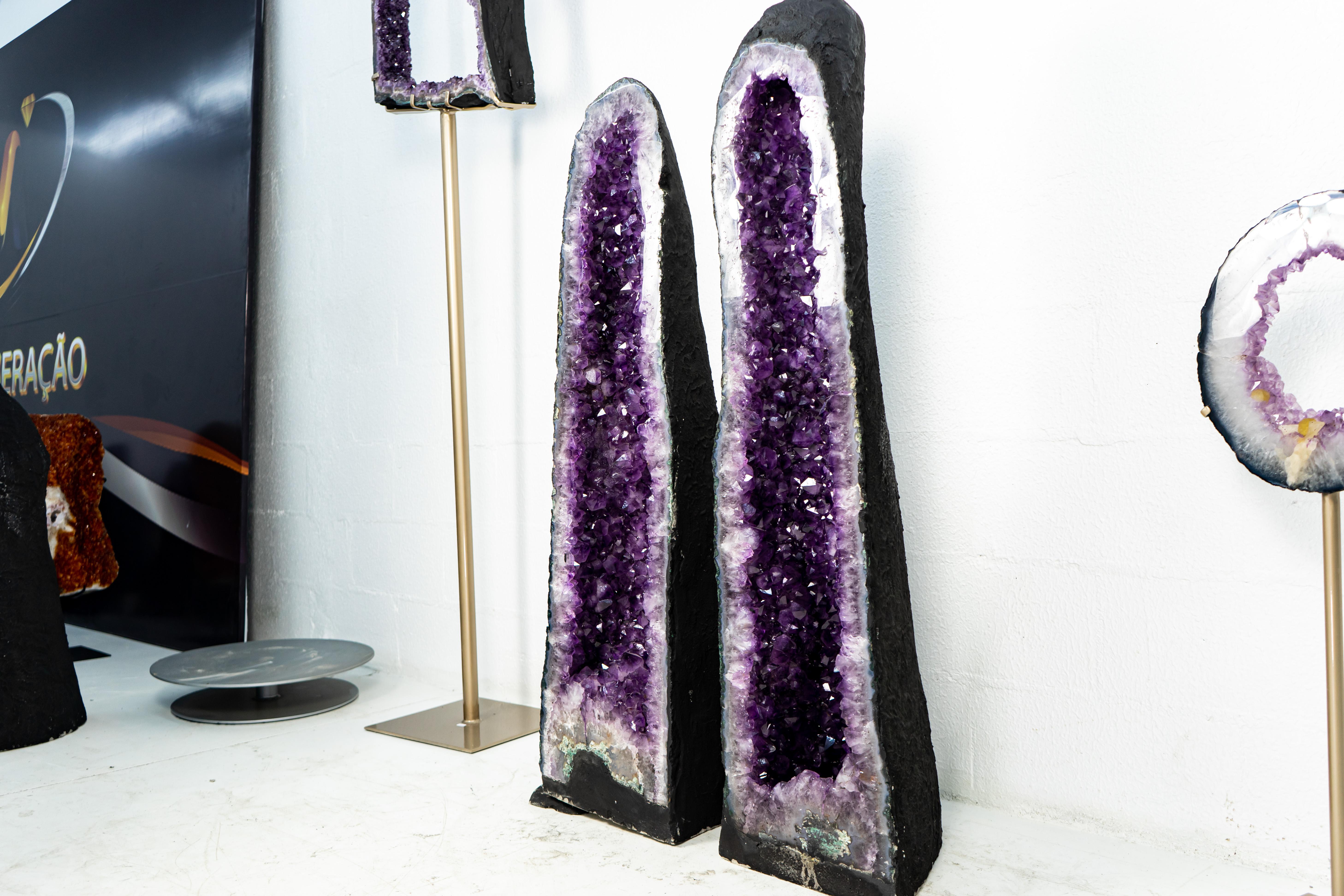 Contemporary Pair of Tall Amethyst Cathedral Geodes with Deep Purple AAA Amethyst Druzy For Sale