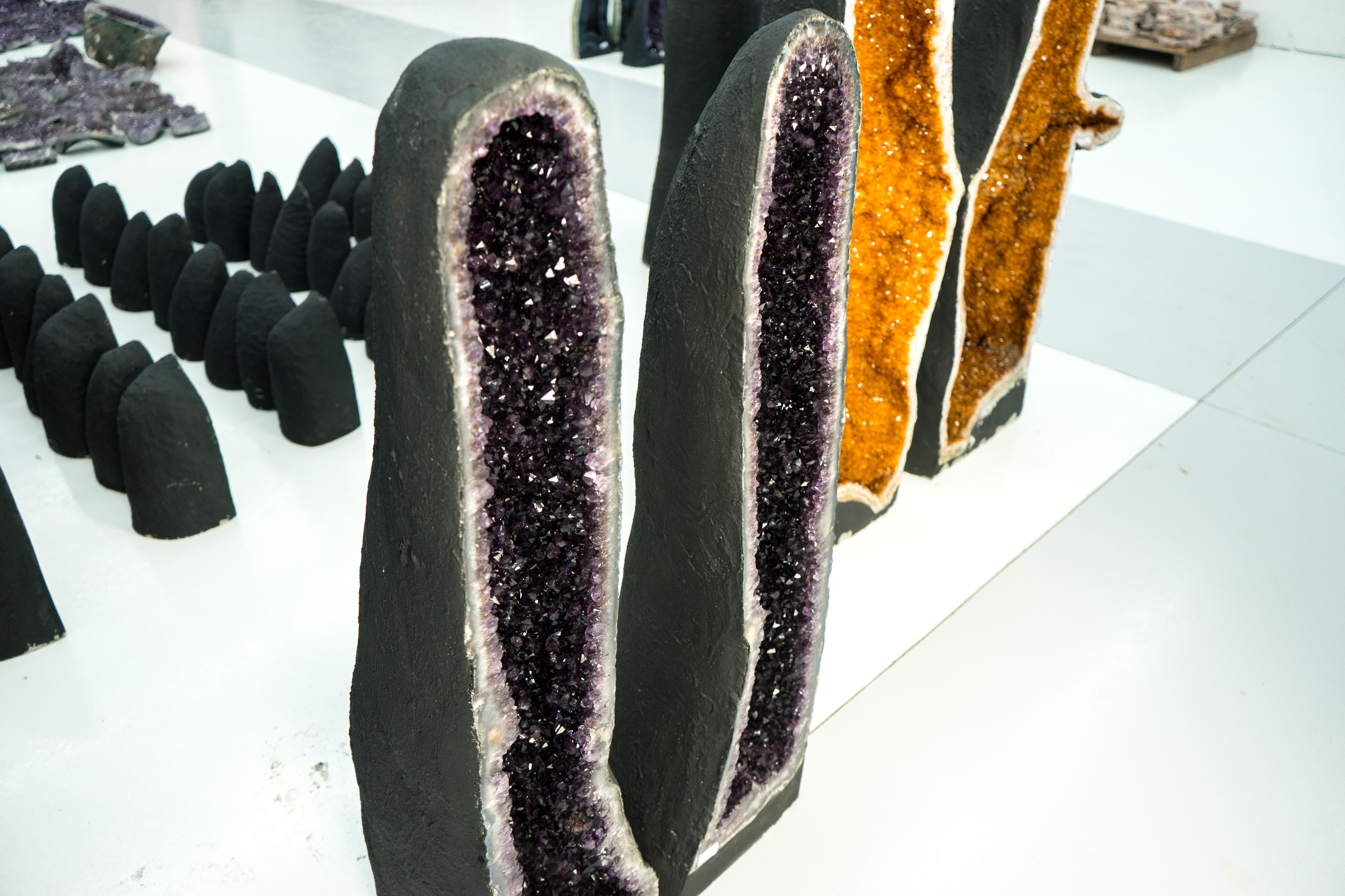 Pair of Tall Amethyst Geodes with High-Grade Deep Purple Amethyst Druzy For Sale 4