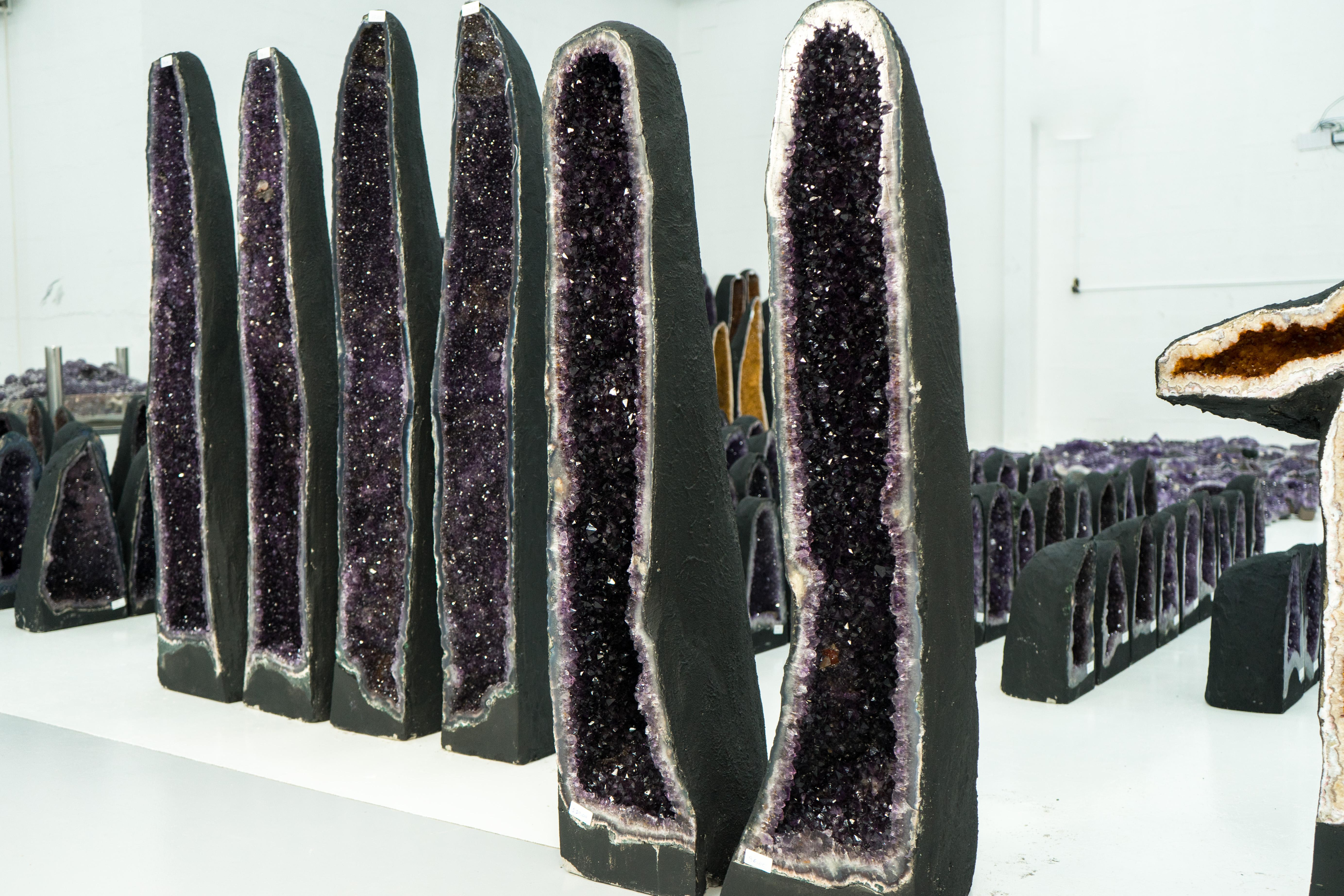 Contemporary Pair of Tall Amethyst Geodes with High-Grade Deep Purple Amethyst Druzy For Sale