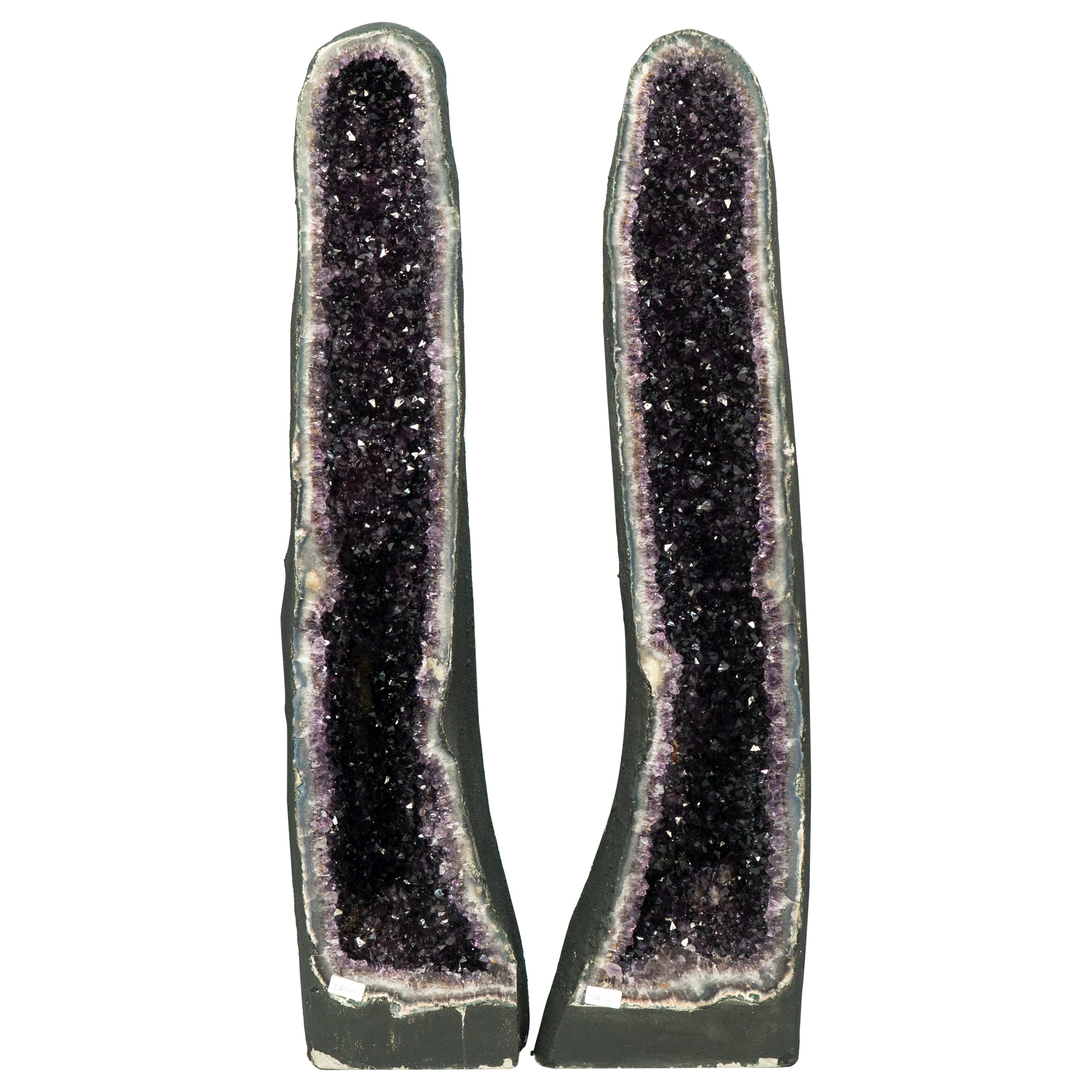 Coppia di geodi alti di ametista con druzy di ametista viola intenso di alta qualità
