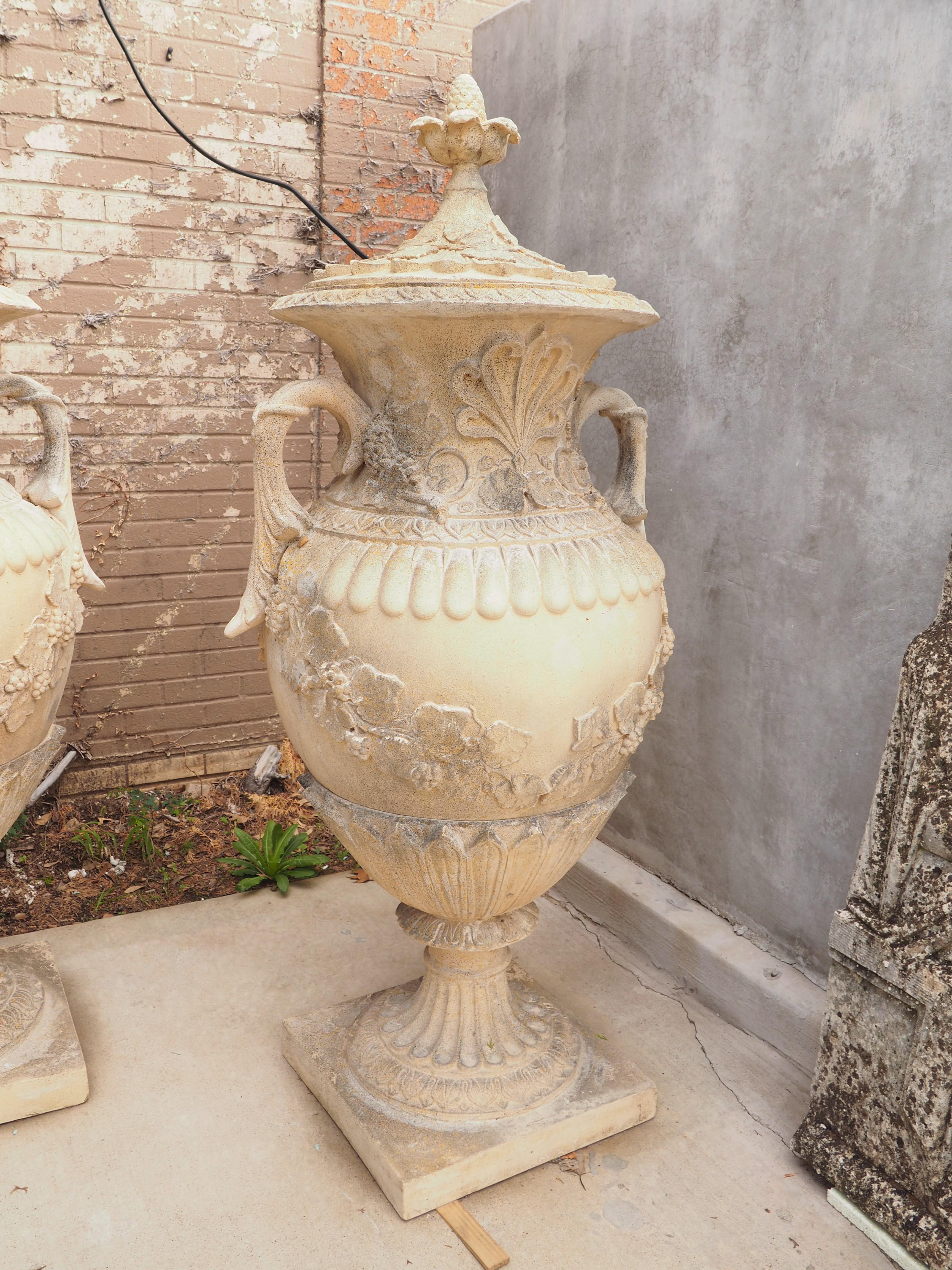 Pair of Tall and Decorative French Cast 3-Piece Lidded Garden Urns with Handles 10