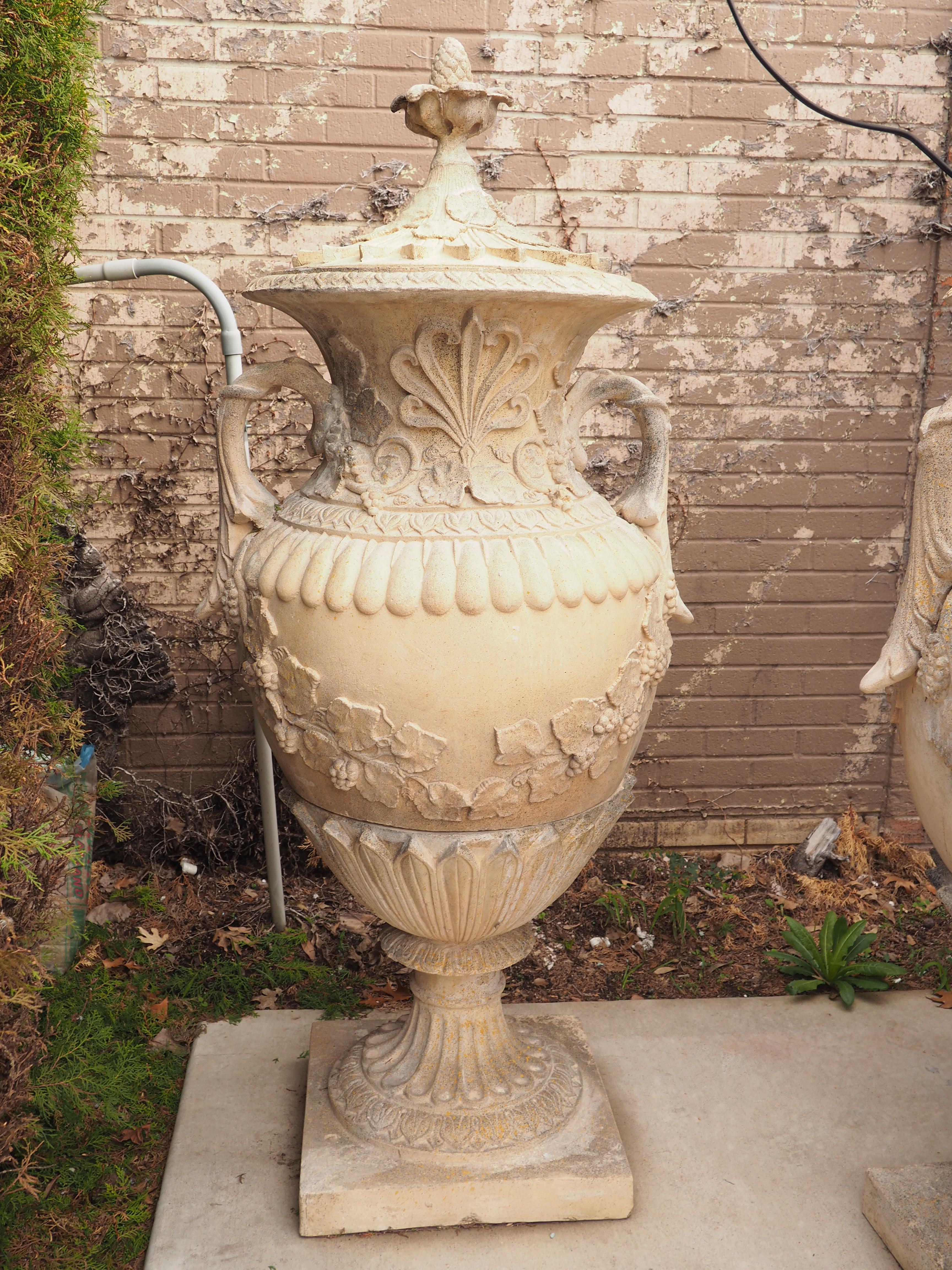 Pair of Tall and Decorative French Cast 3-Piece Lidded Garden Urns with Handles 11
