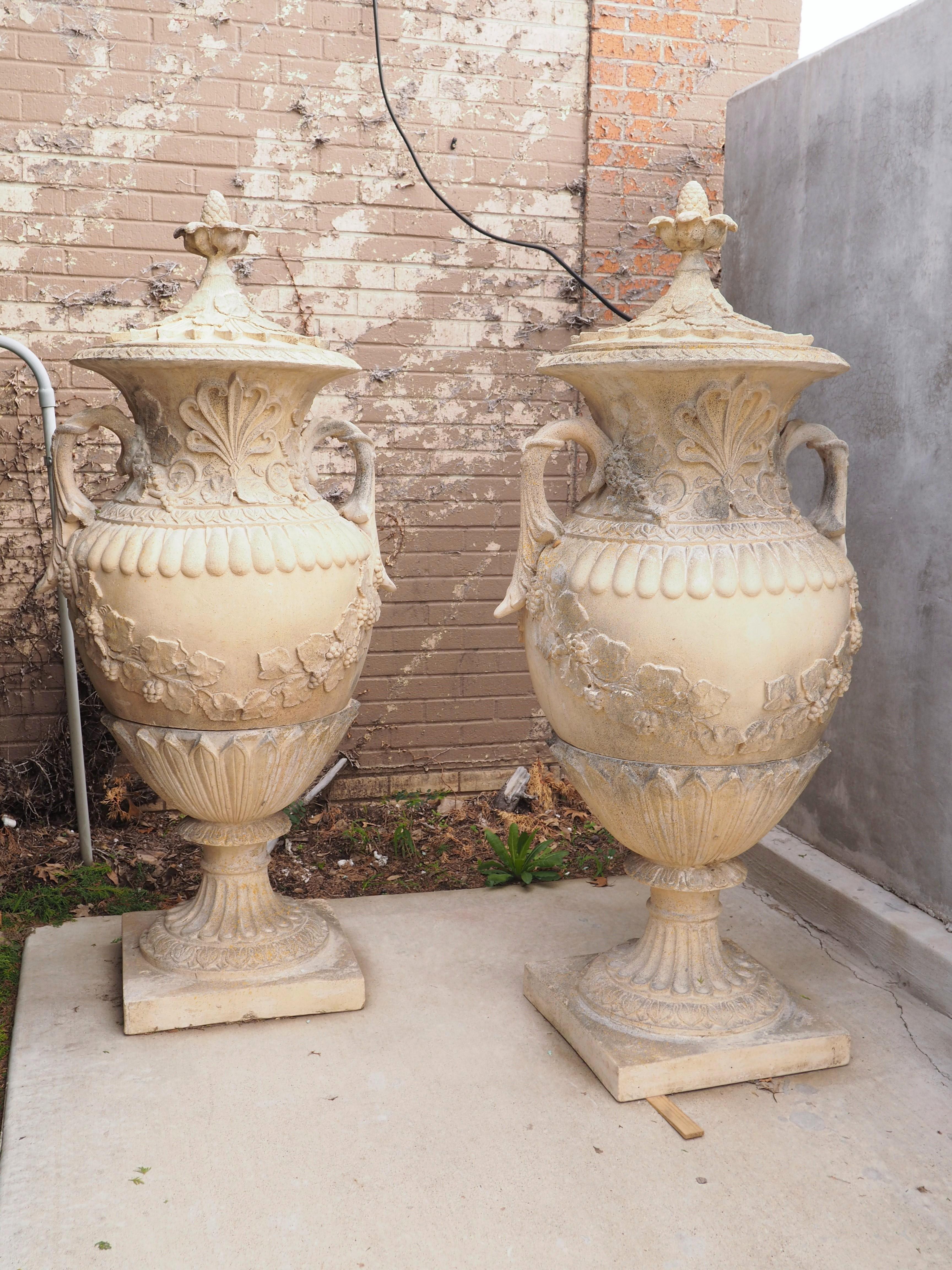 Pair of Tall and Decorative French Cast 3-Piece Lidded Garden Urns with Handles 12