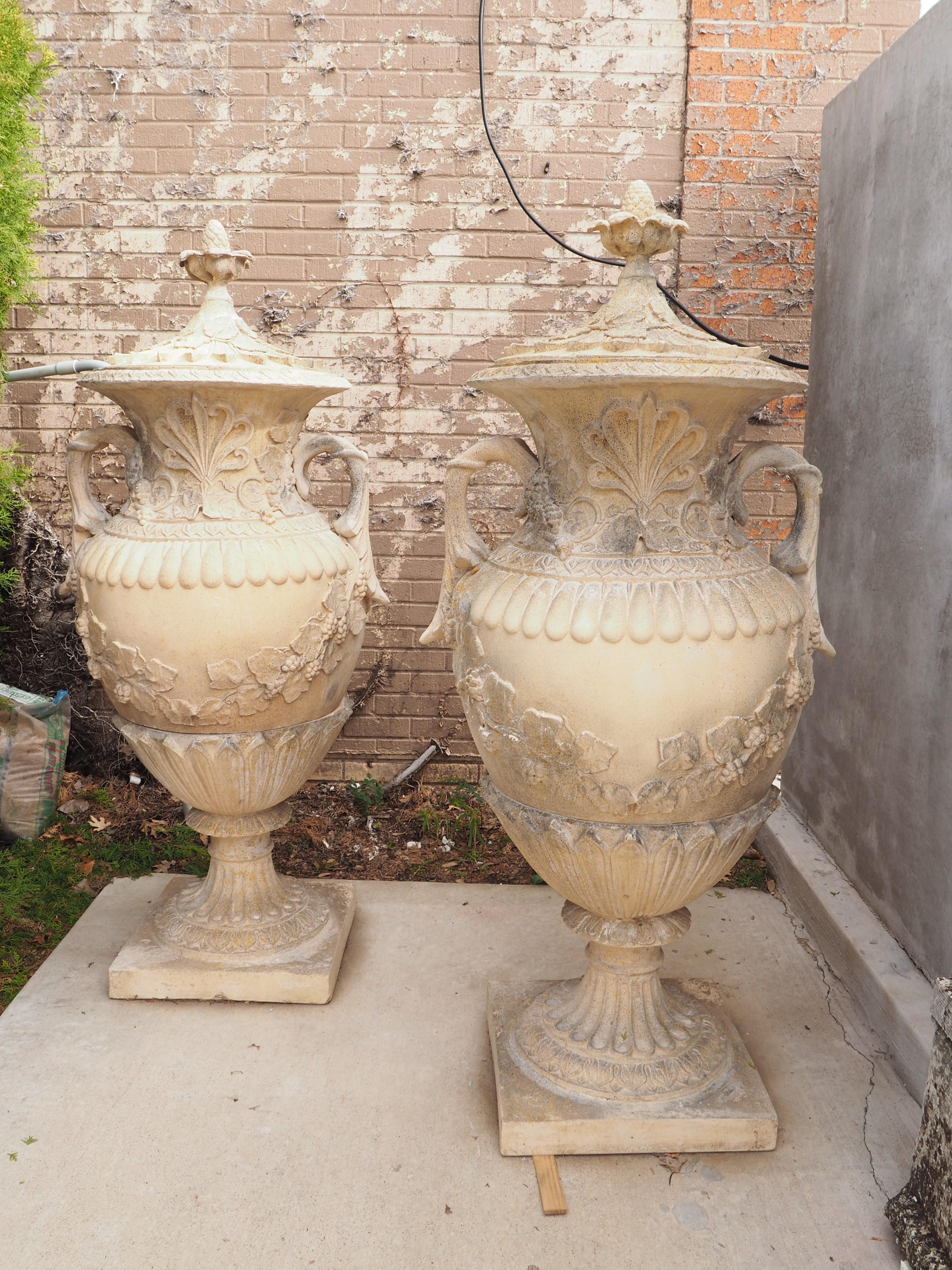 Pair of Tall and Decorative French Cast 3-Piece Lidded Garden Urns with Handles In Good Condition In Dallas, TX