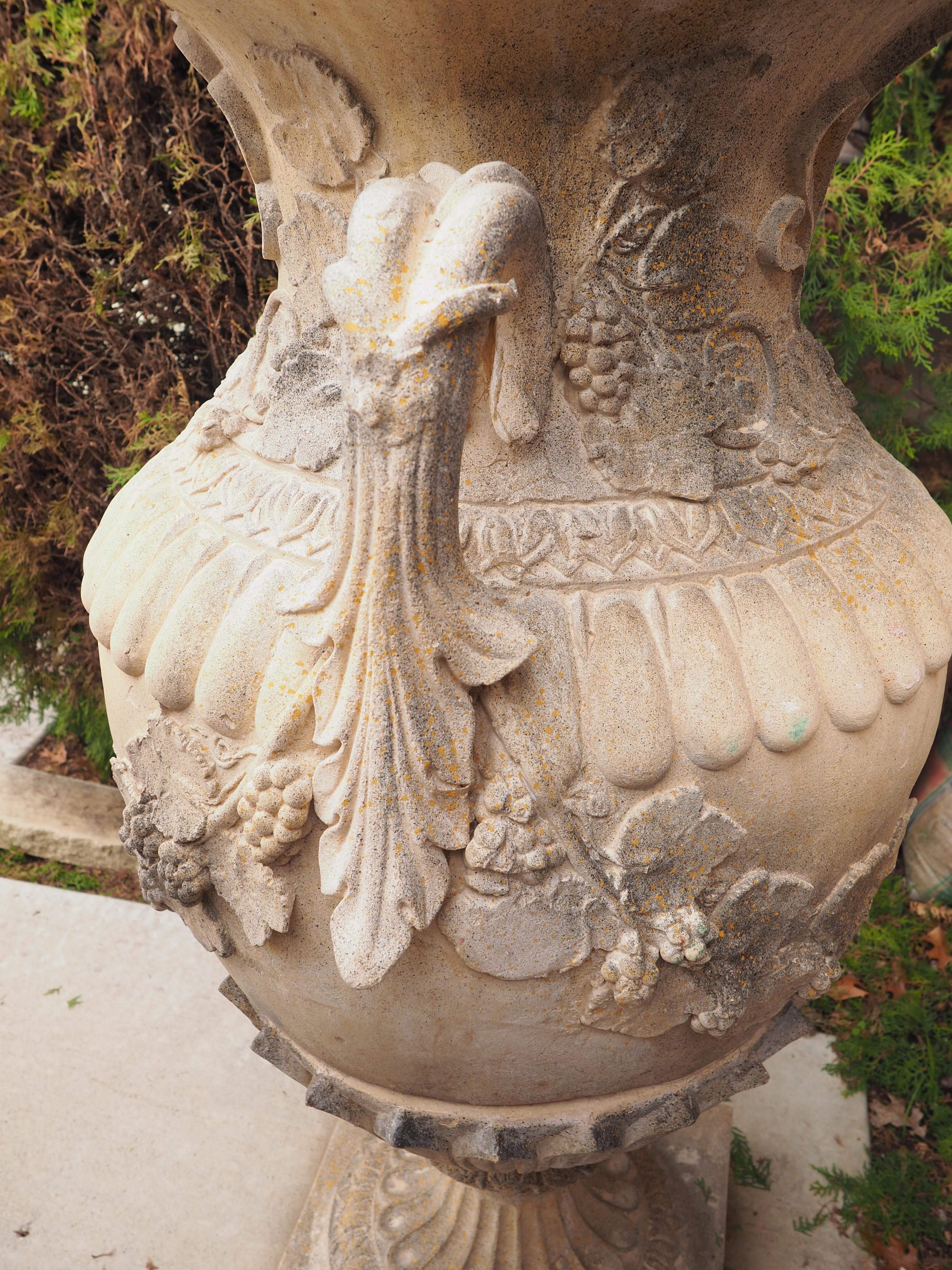 Contemporary Pair of Tall and Decorative French Cast 3-Piece Lidded Garden Urns with Handles