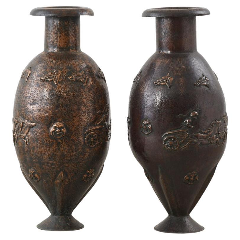 Pair of Tall Angelo Bragalini vases in copper - Italy, 1950s