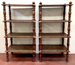 Pair of Four-Tier Anglo-Indian Leather, Brass & Rattan Étagères/ Shelves