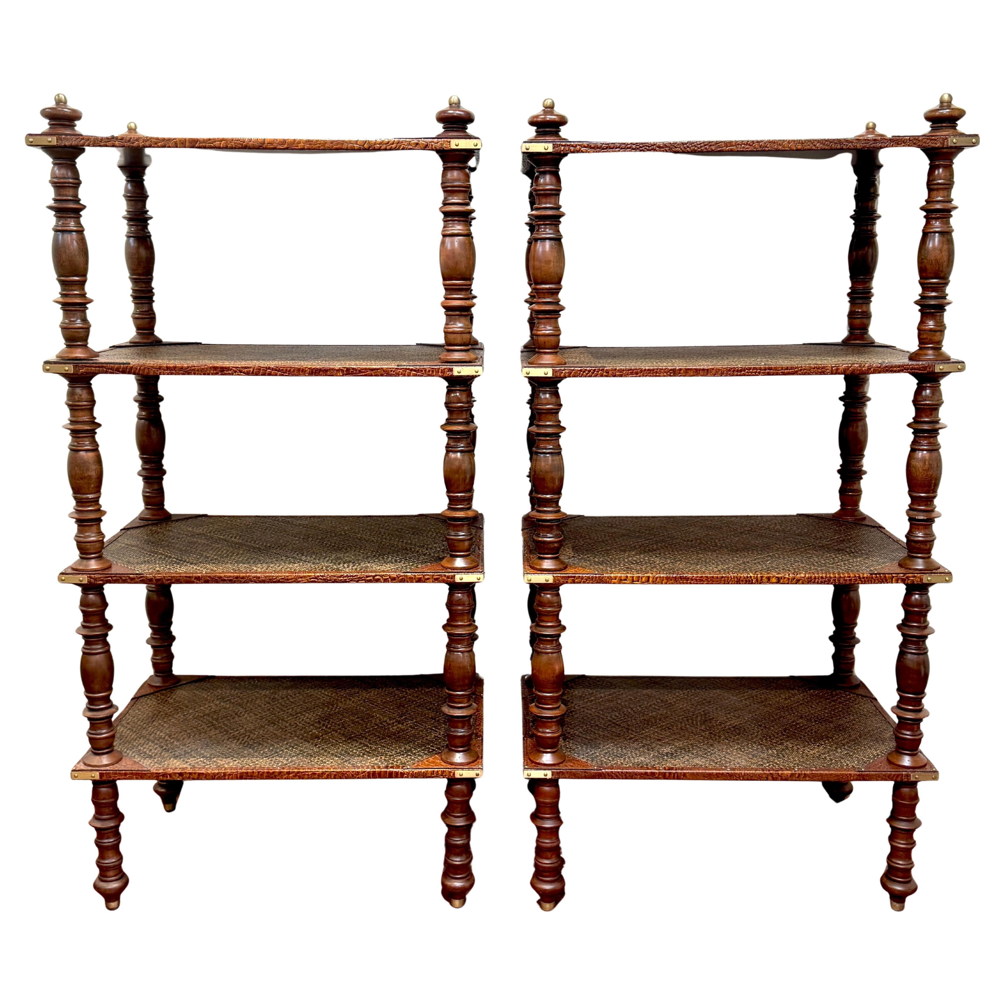 Pair of Four-Tier Anglo-Indian Leather, Brass & Rattan Étagères/ Shelves