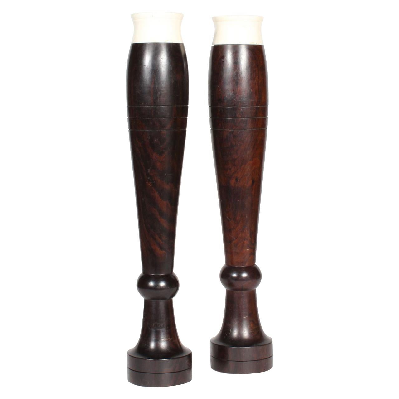 Pair of Tall Anglo-Indian Vases in Turned Rosewood with Bone Tops For Sale