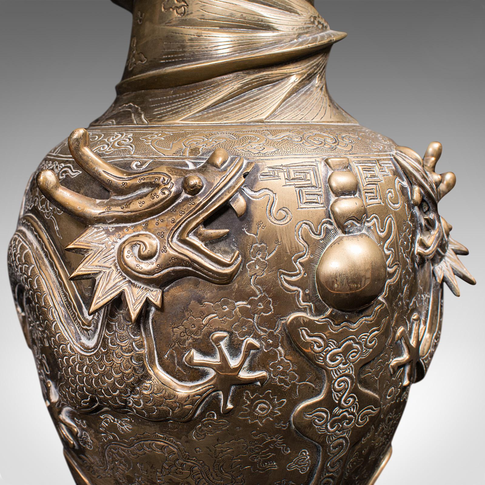Pair of Tall Antique Dragon Vases, Chinese, Brass, Decorative, Oriental Taste 3