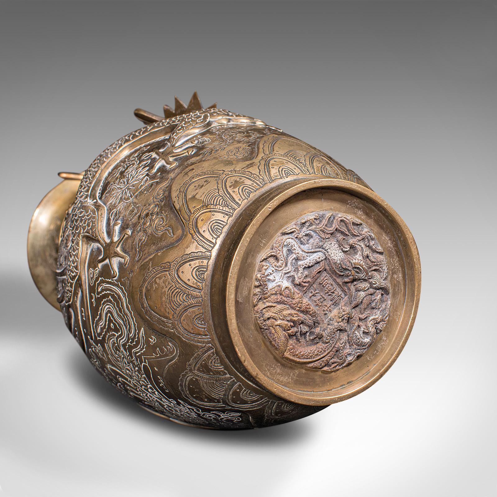 Pair of Tall Antique Dragon Vases, Chinese, Brass, Decorative, Oriental Taste 5