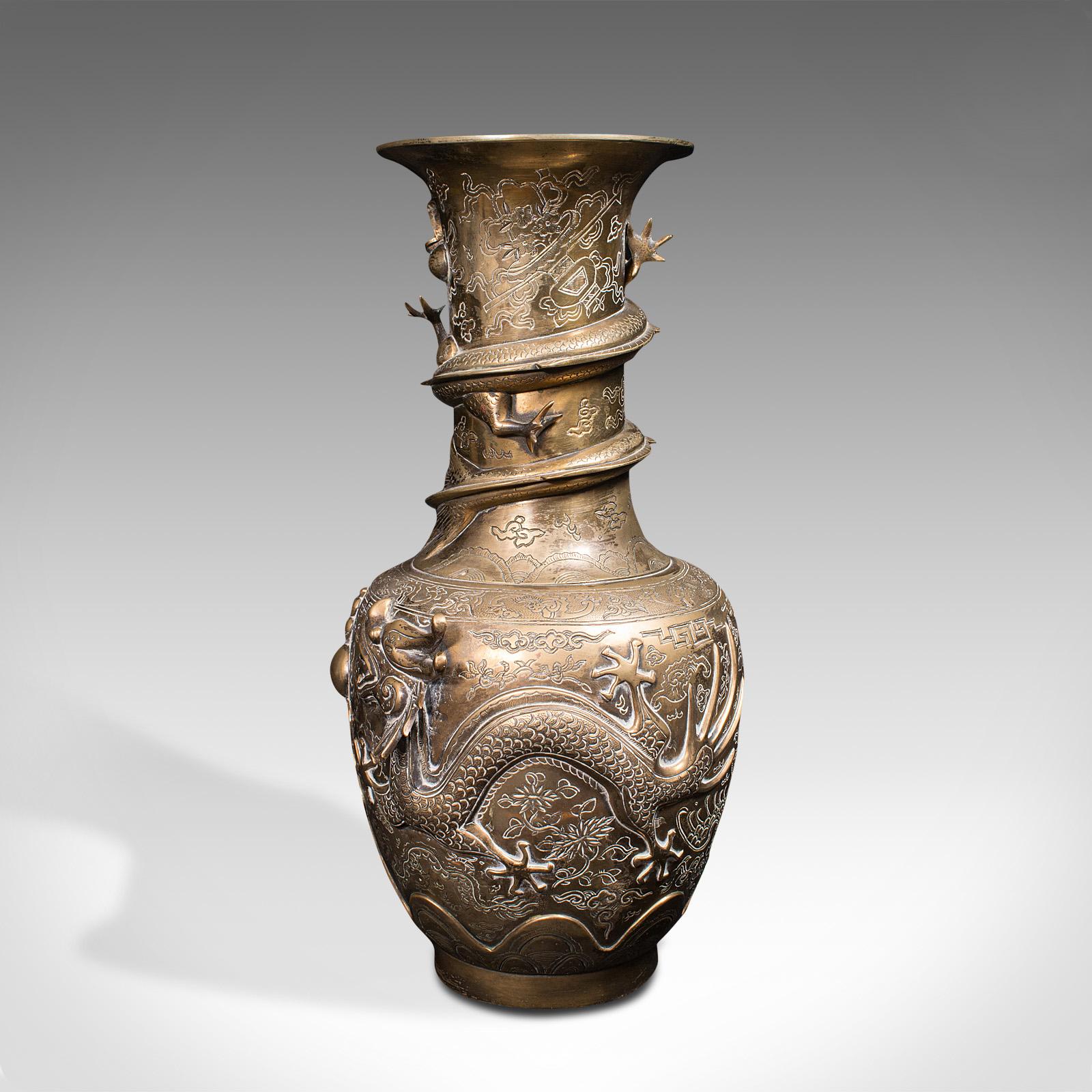 Pair of Tall Antique Dragon Vases, Chinese, Brass, Decorative, Oriental Taste In Good Condition In Hele, Devon, GB