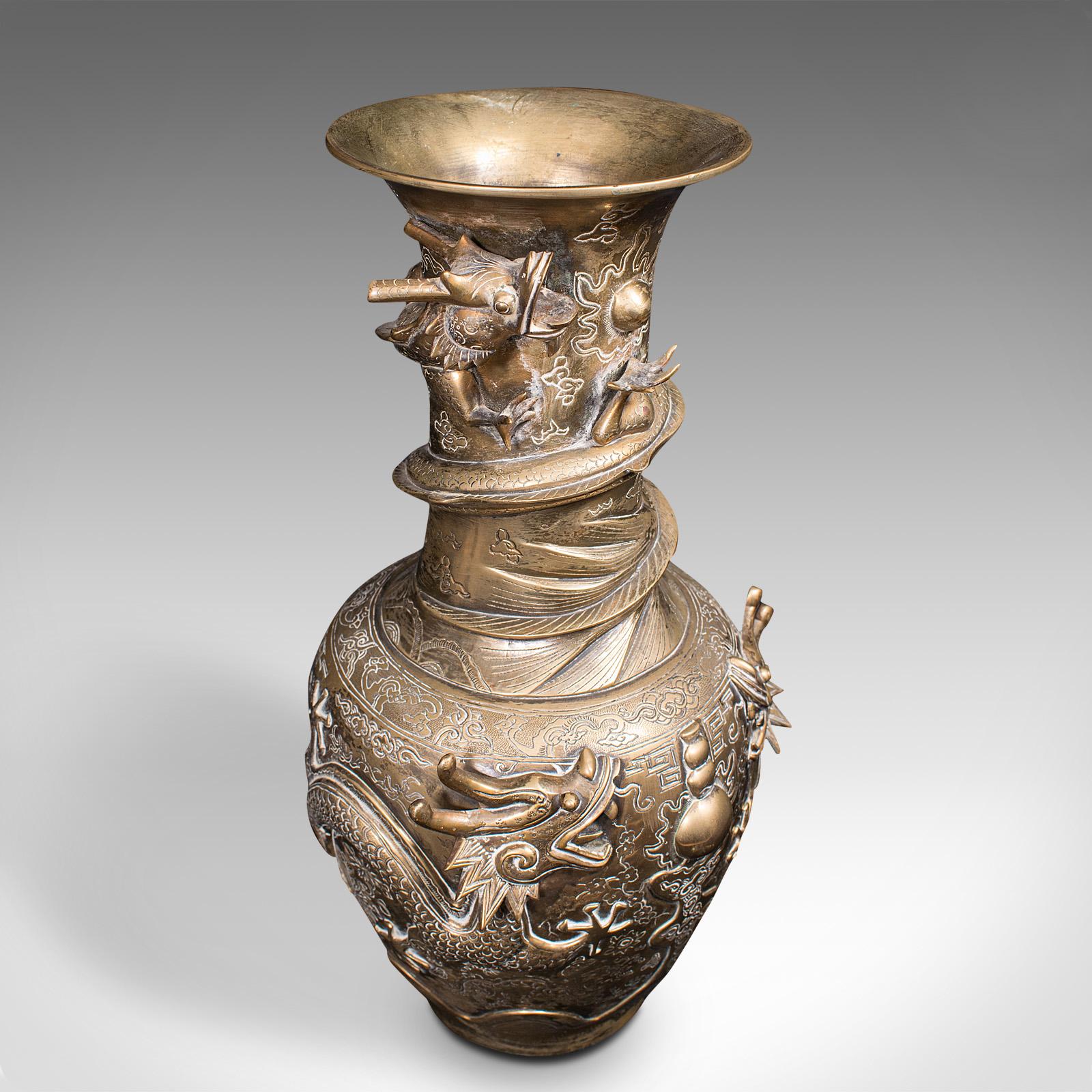 19th Century Pair of Tall Antique Dragon Vases, Chinese, Brass, Decorative, Oriental Taste