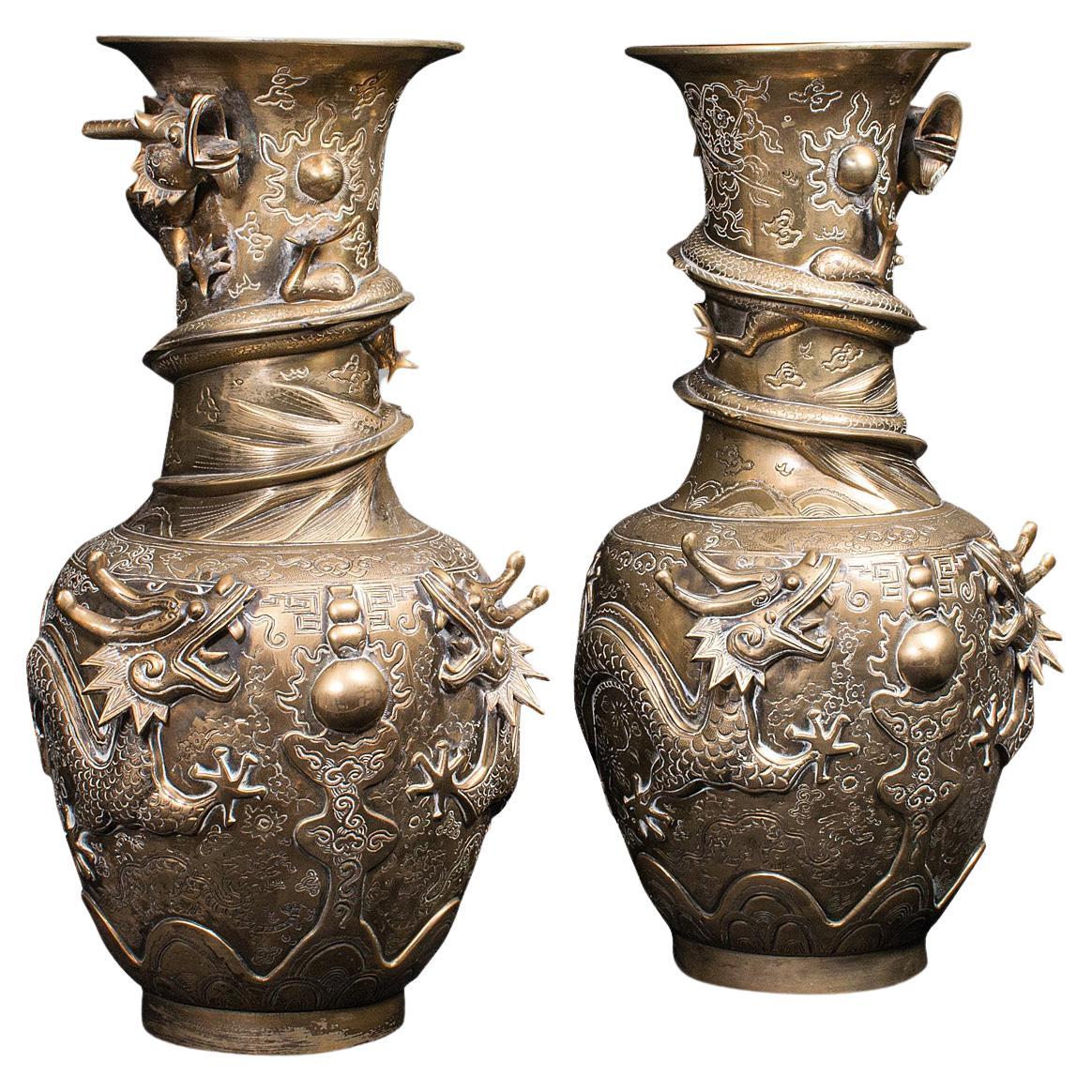 Pair of Tall Antique Dragon Vases, Chinese, Brass, Decorative, Oriental Taste