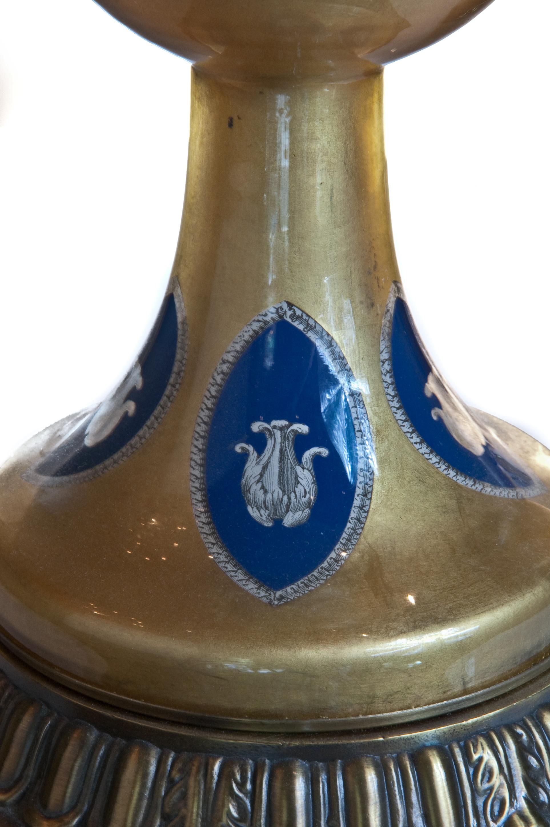 Bronze Pair of Tall Antique French Neoclassical Gilt & Lapis Blue Églomisé Glass Lamps For Sale