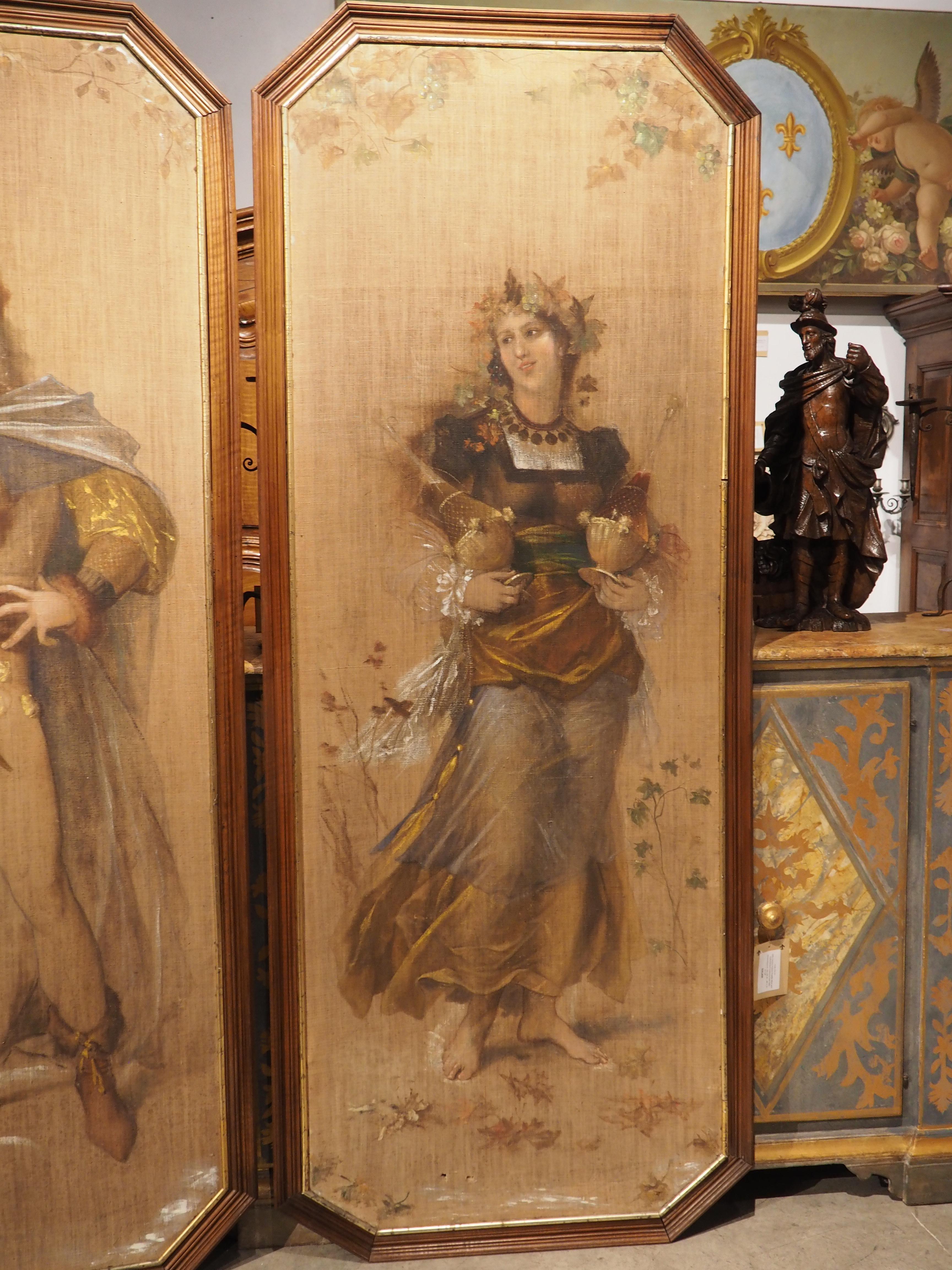 Pair of Tall Antique French Paintings, The Allegories of Autumn and Winter, 1879 11