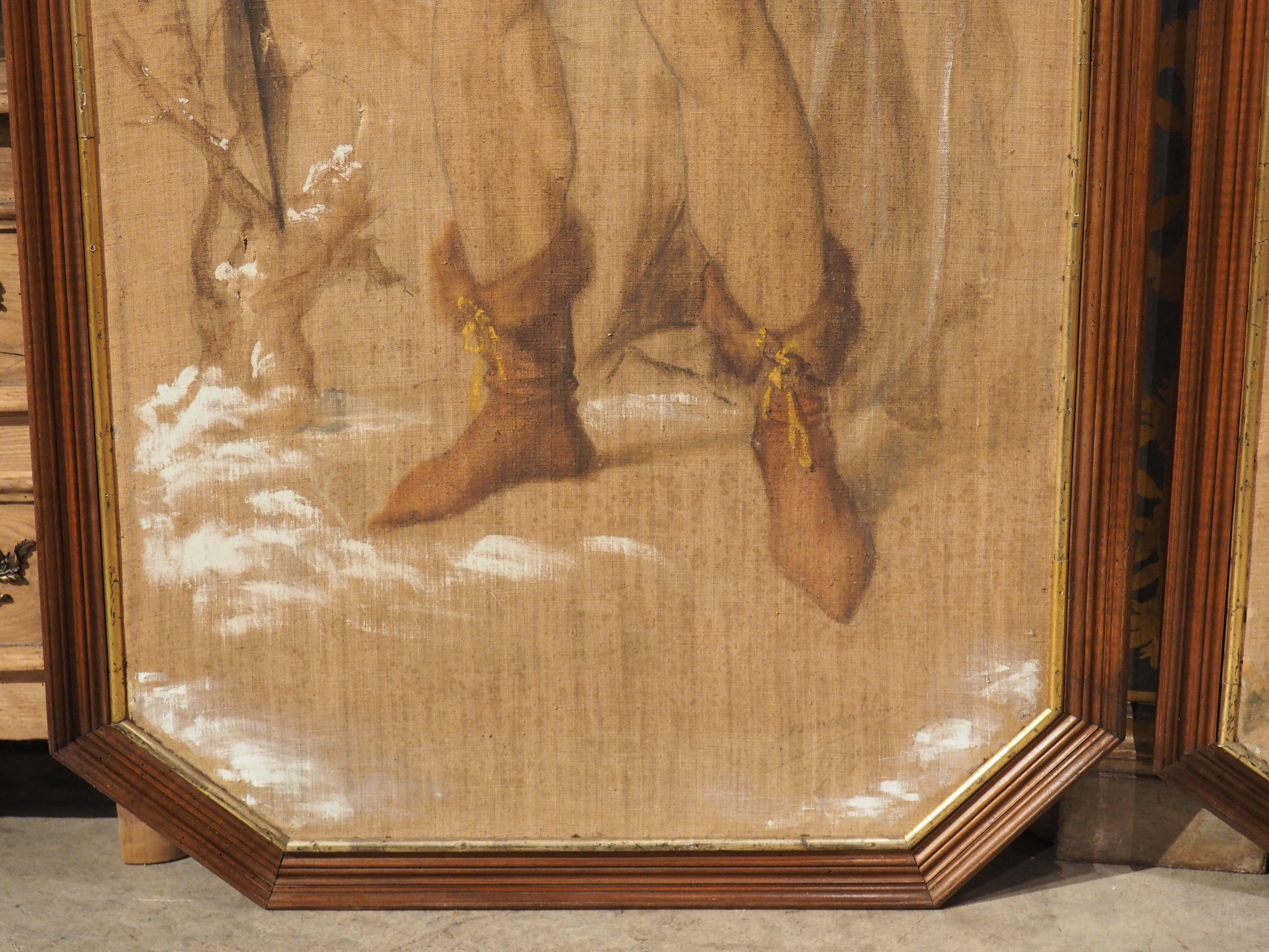 These tall canvas paintings, recently discovered in a chateau near Lille, France, are set within rectangular wood (walnut) frames with canted corners and multiple layers of molding, including a gilded innermost border. Signed and dated 1879 (the