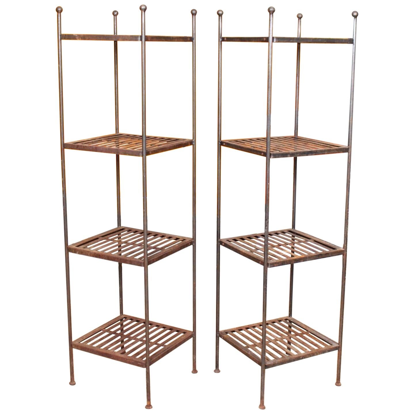 Pair of Tall Antique French Wrought Iron Étagère What Not Shelving Stands For Sale